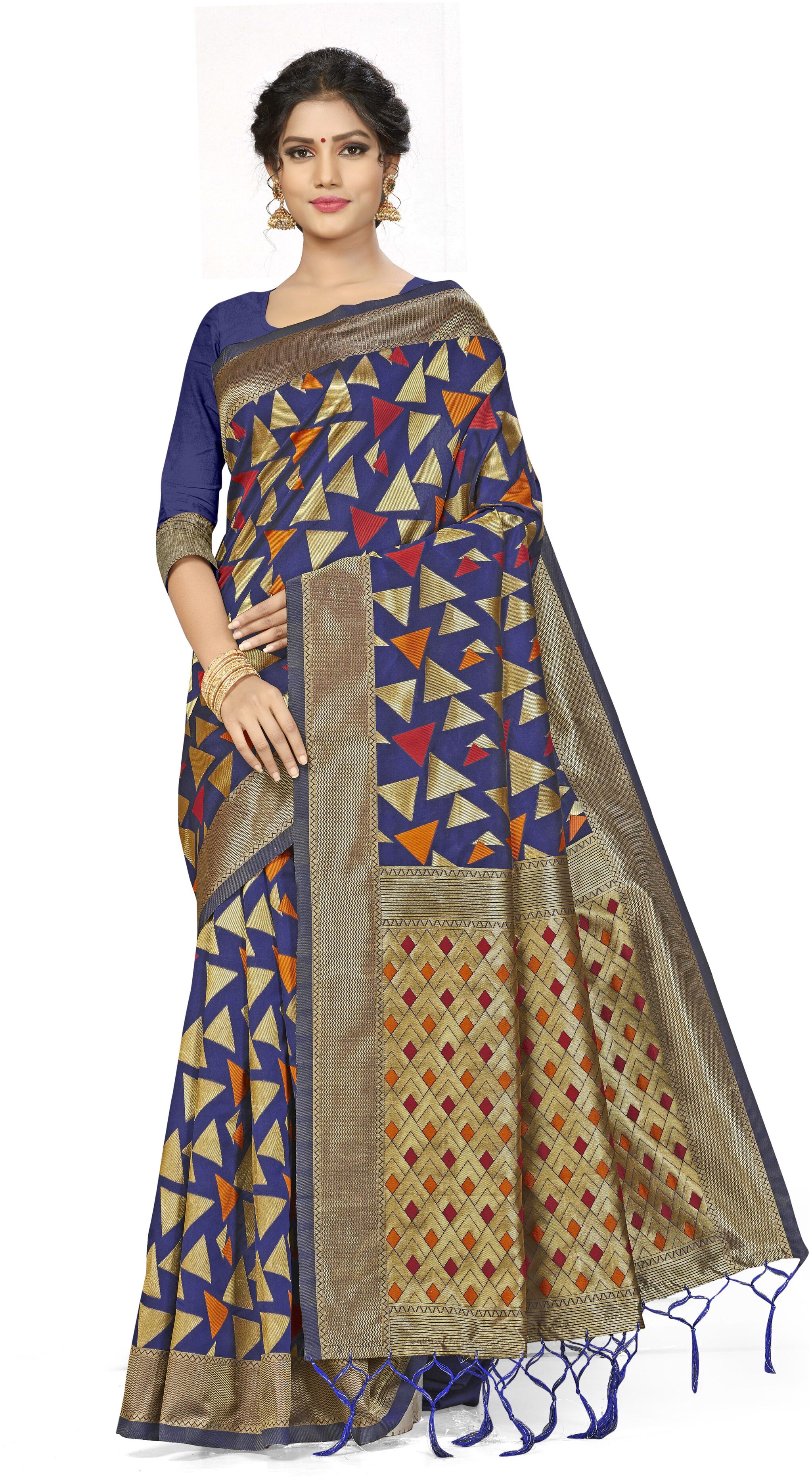 

Ethnic4U Women Artificial Silk Navy Blue Saree With Blouse