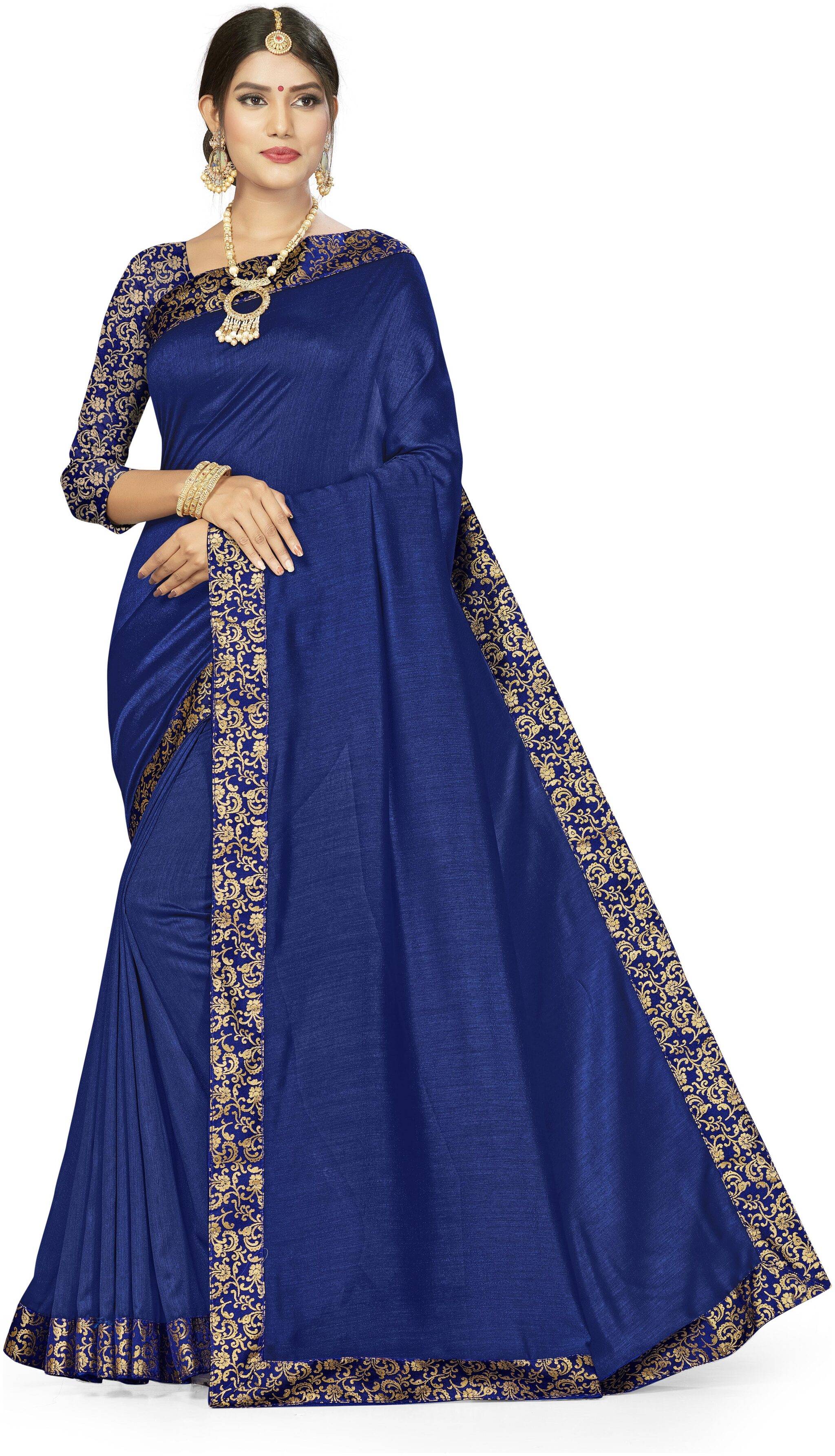 

Ethnic4U Women S Navy Blue Color Vichitra - Silk Blend Saree With Mask