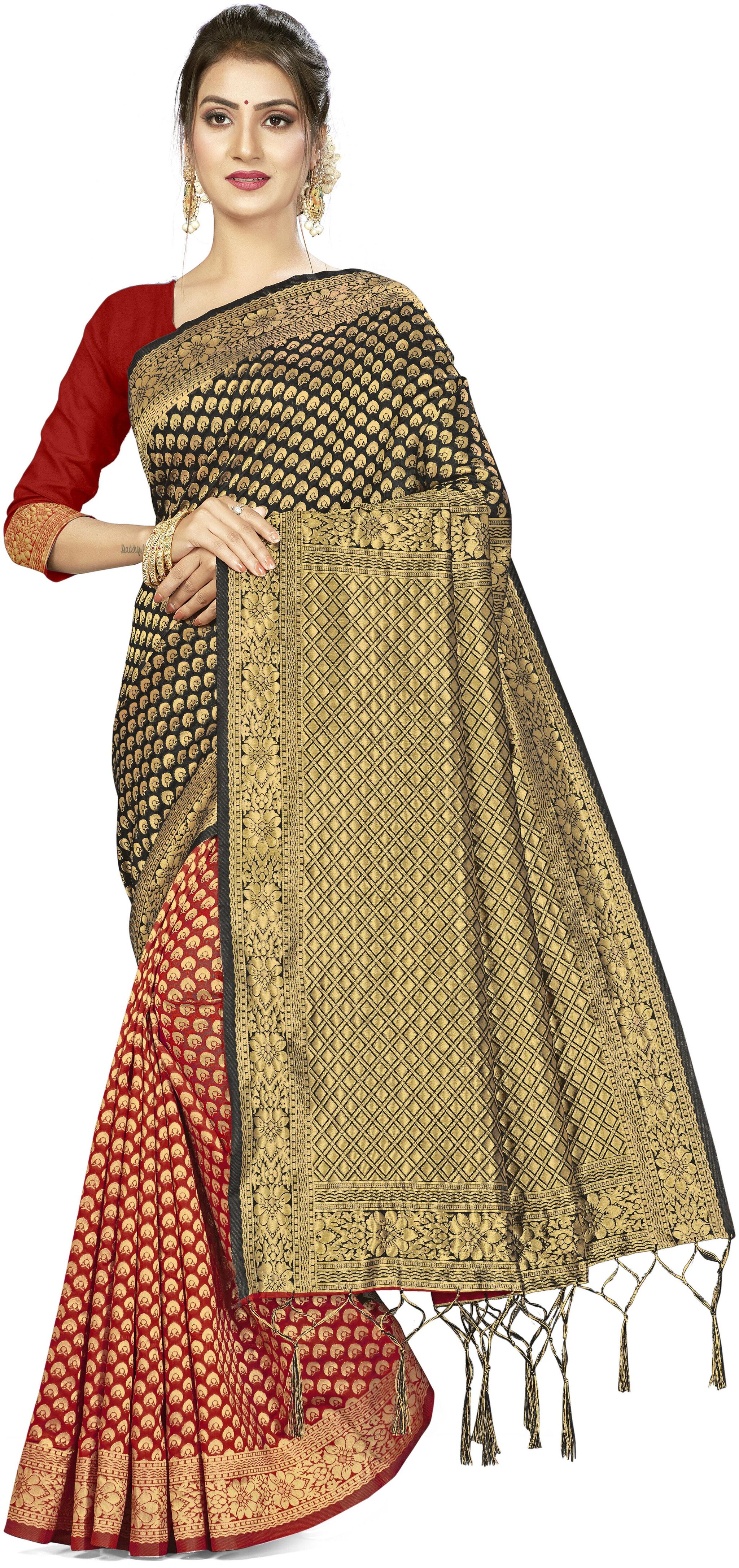 

Ethnic4U Women S Black Red Color Banarasi Silk Half Half Saree