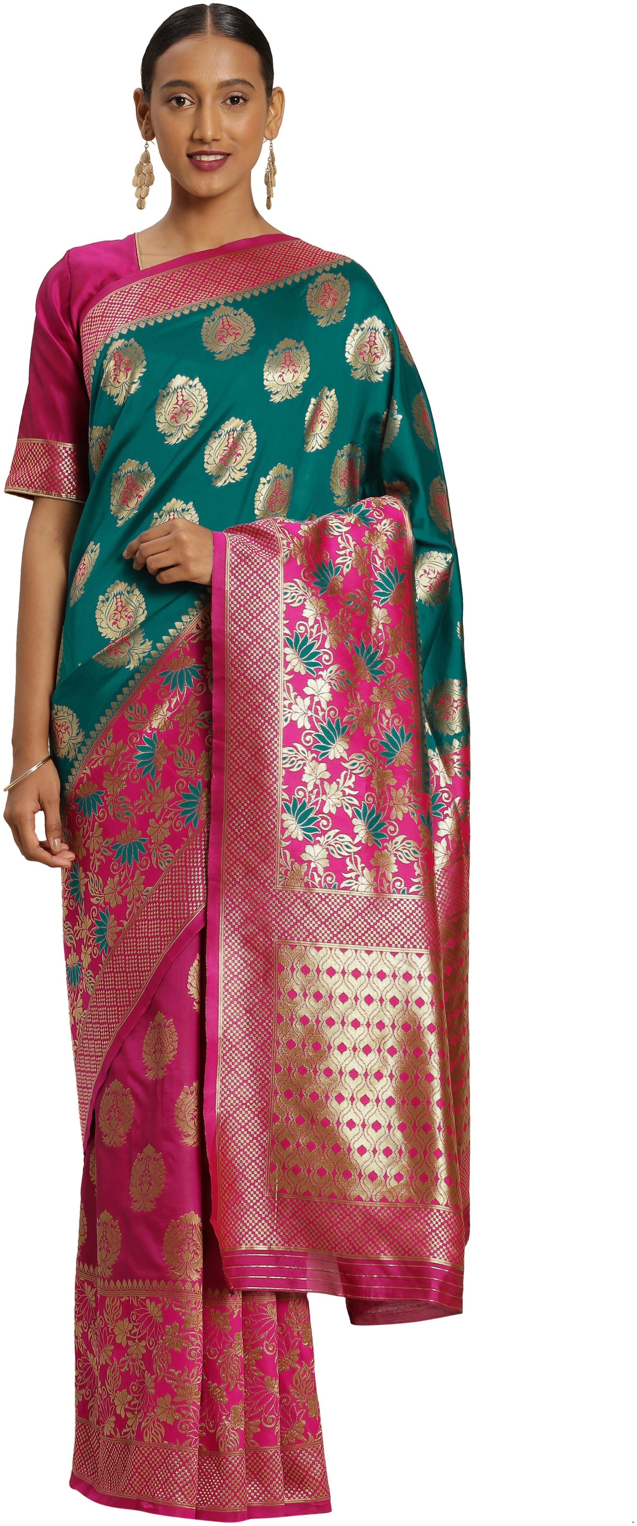

Ethnic4U Women S Pink Green Color Banarasi Silk Saree
