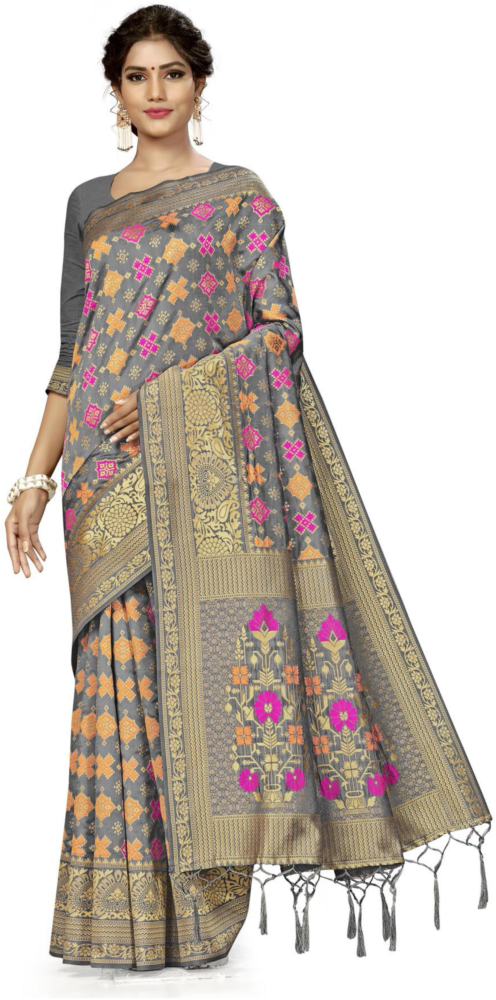 

Ethnic4U Women Artificial Silk Grey Saree With Blouse