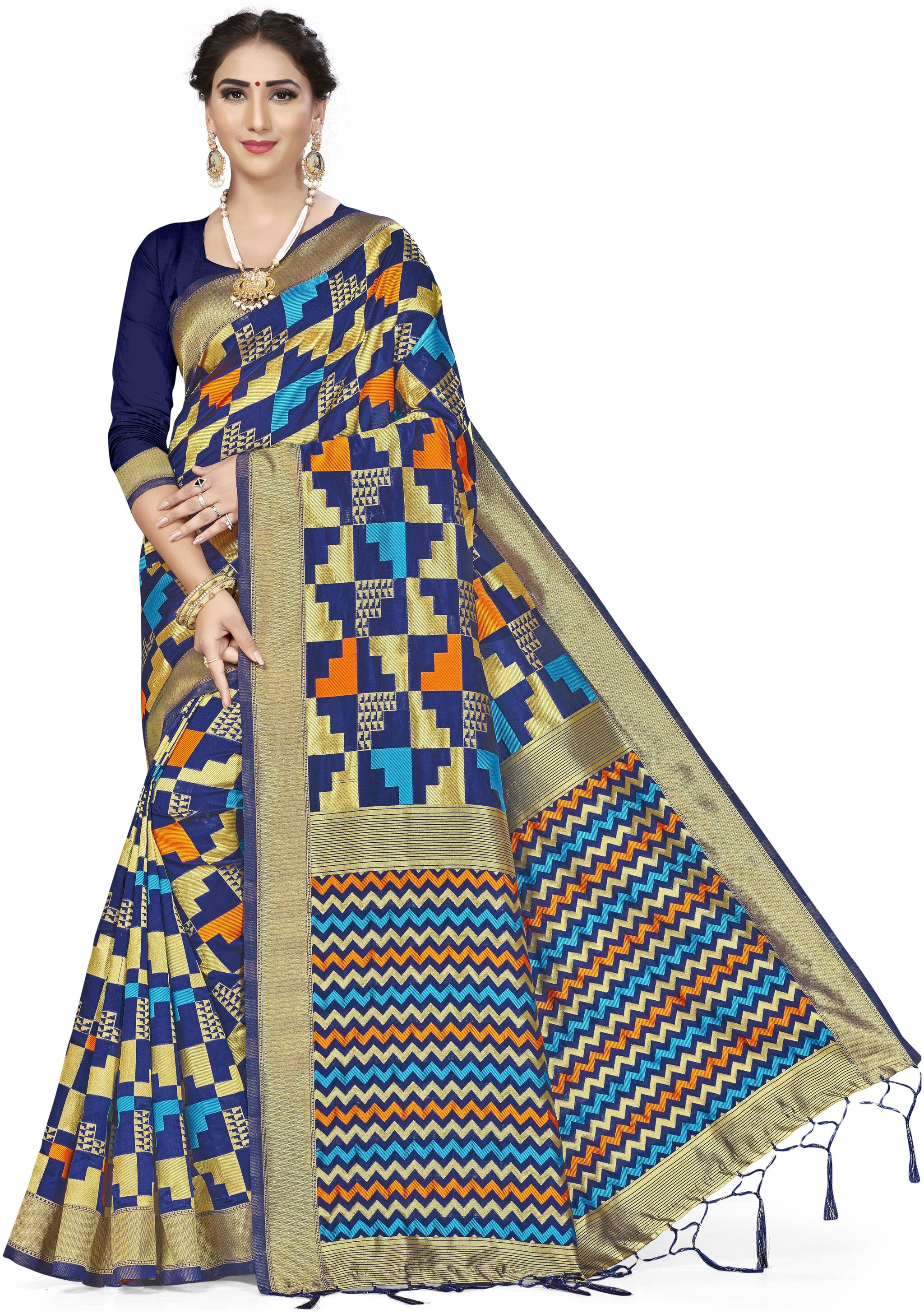 

Ethnic4U Women Artificial Silk Navy Blue Saree With Blouse