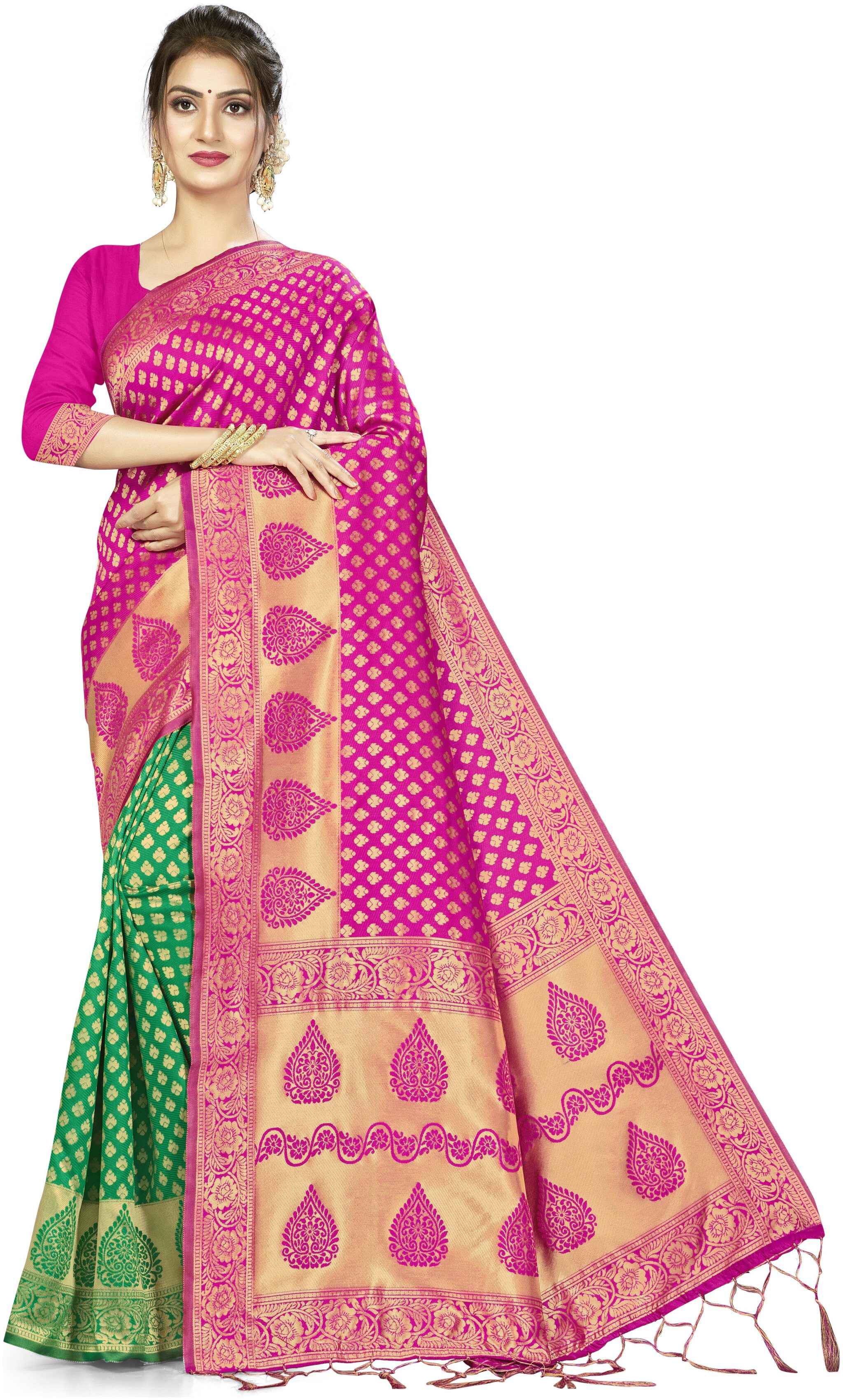 

Ethnic4U Women S Pink Green Color Banarasi Silk Half Half Saree