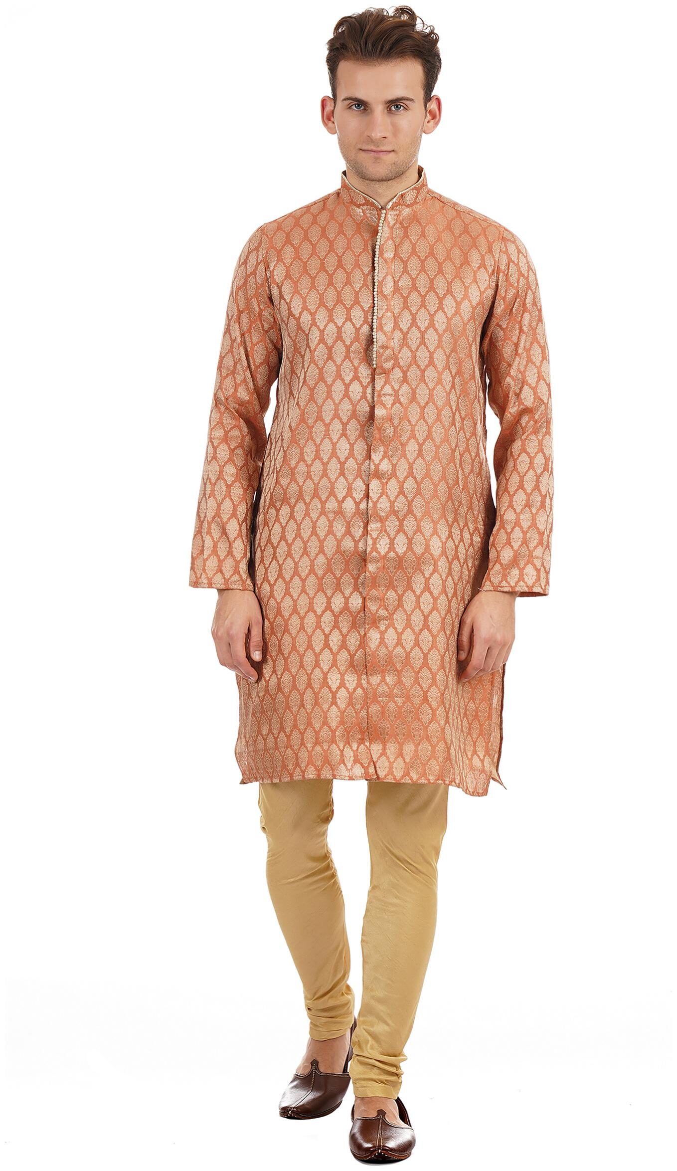 

Ethnicity Men Blended Printed Kurta Pyjama Orange