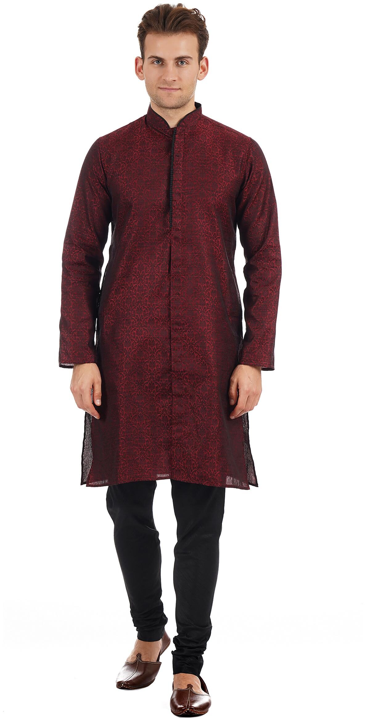 

Ethnicity Men Blended Printed Kurta Pyjama Maroon