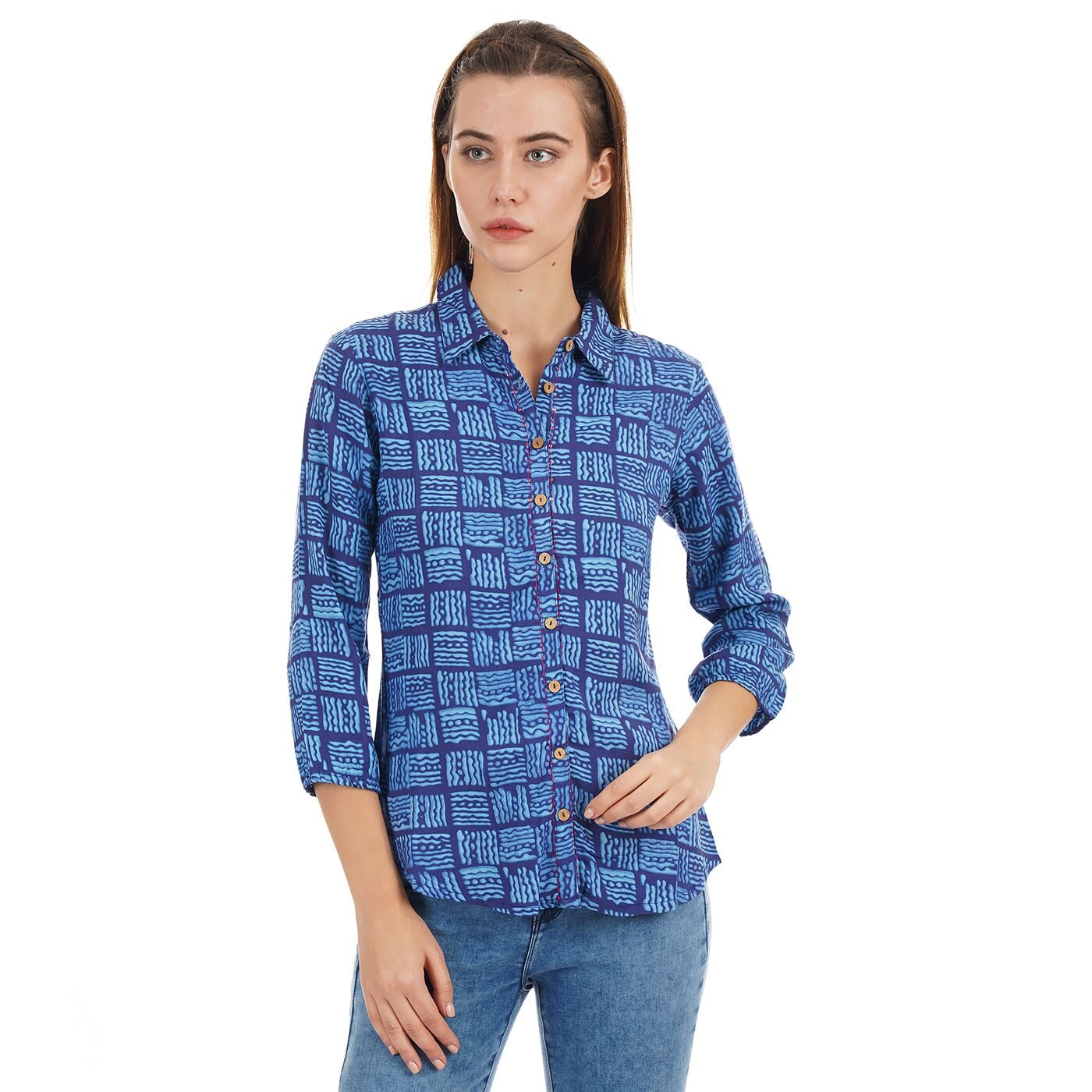 

Ethnicity Women Blue Printed Regular Fit Shirt