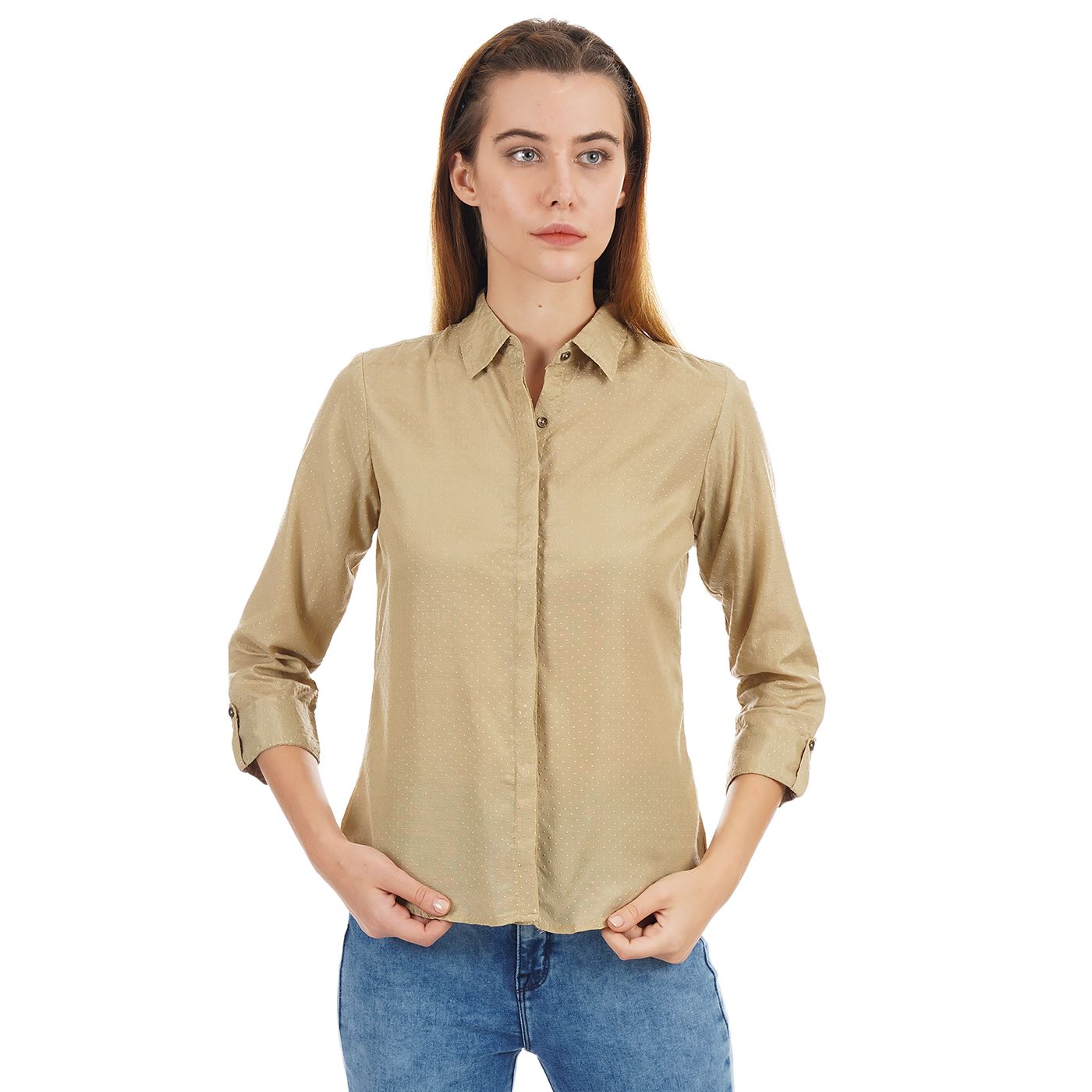 

Ethnicity Women Beige Solid Regular Fit Shirt