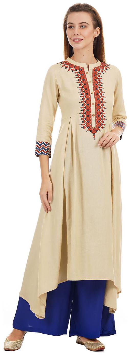 

Ethnicity Women Beige Embroidered Assymetrical Kurta