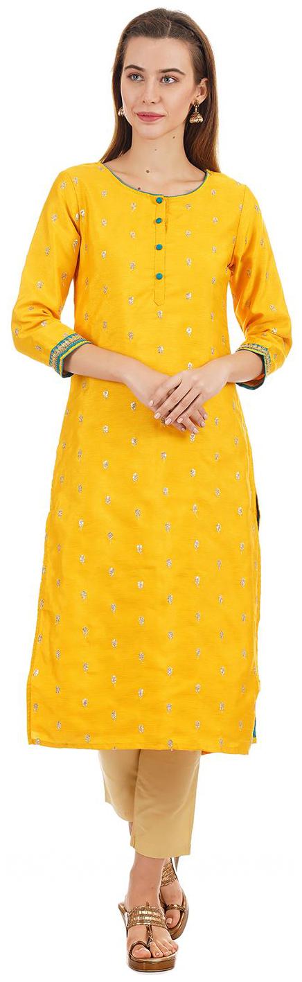 

Ethnicity Women Yellow Embroidered Straight Kurta