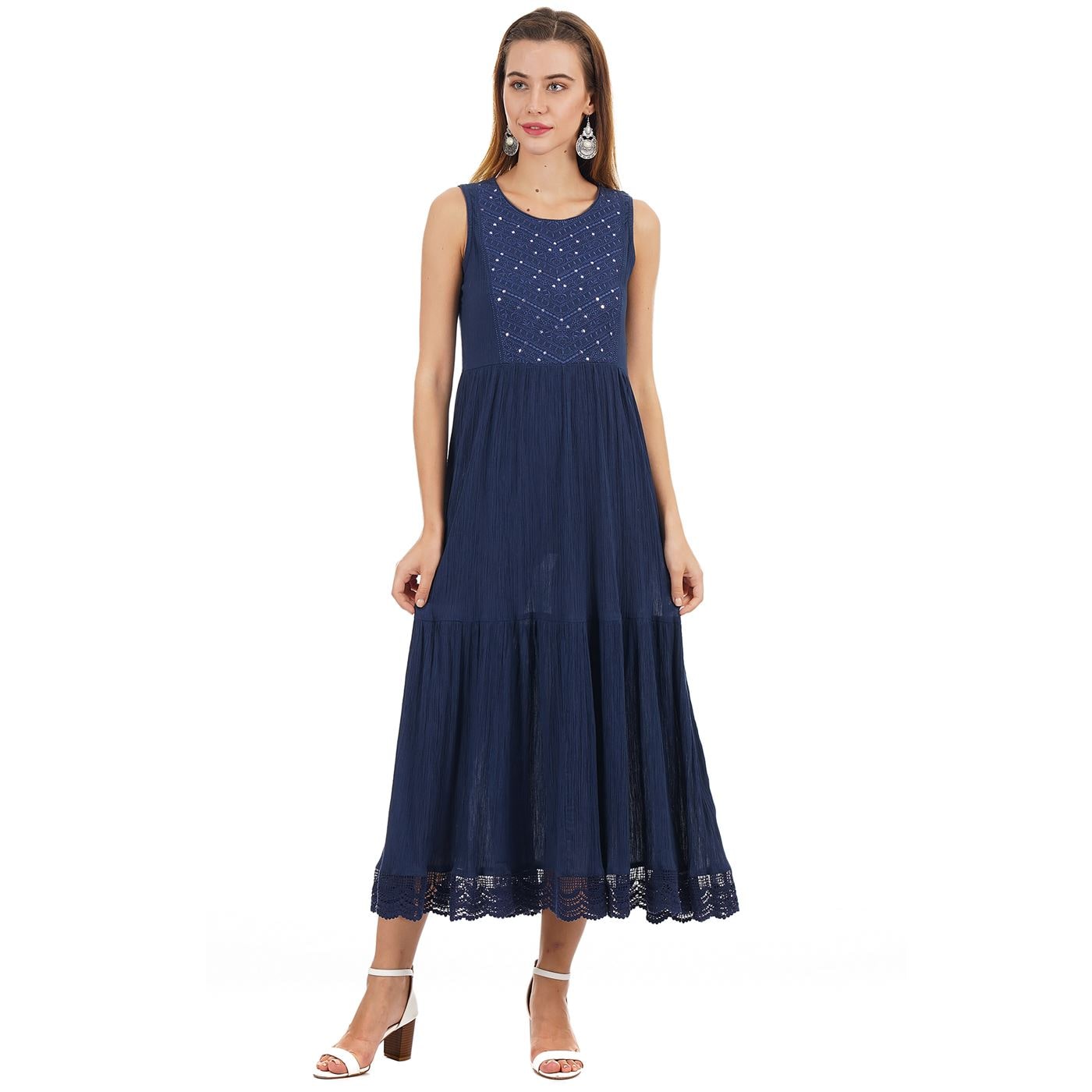 

Ethnicity Women Cotton Embroidered Blue A Line Dress