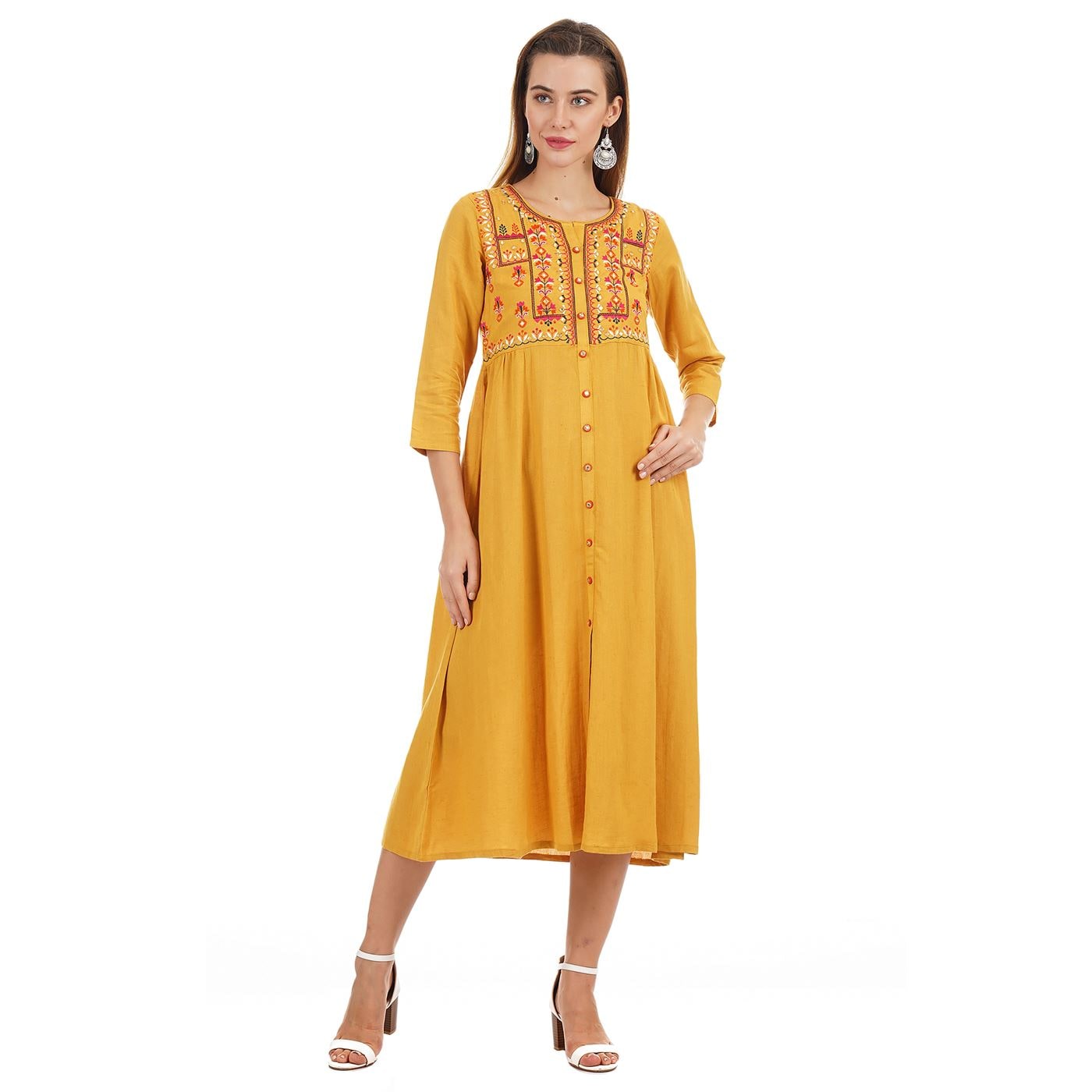 

Ethnicity Women Viscose Rayon Embroidered Yellow A Line Dress