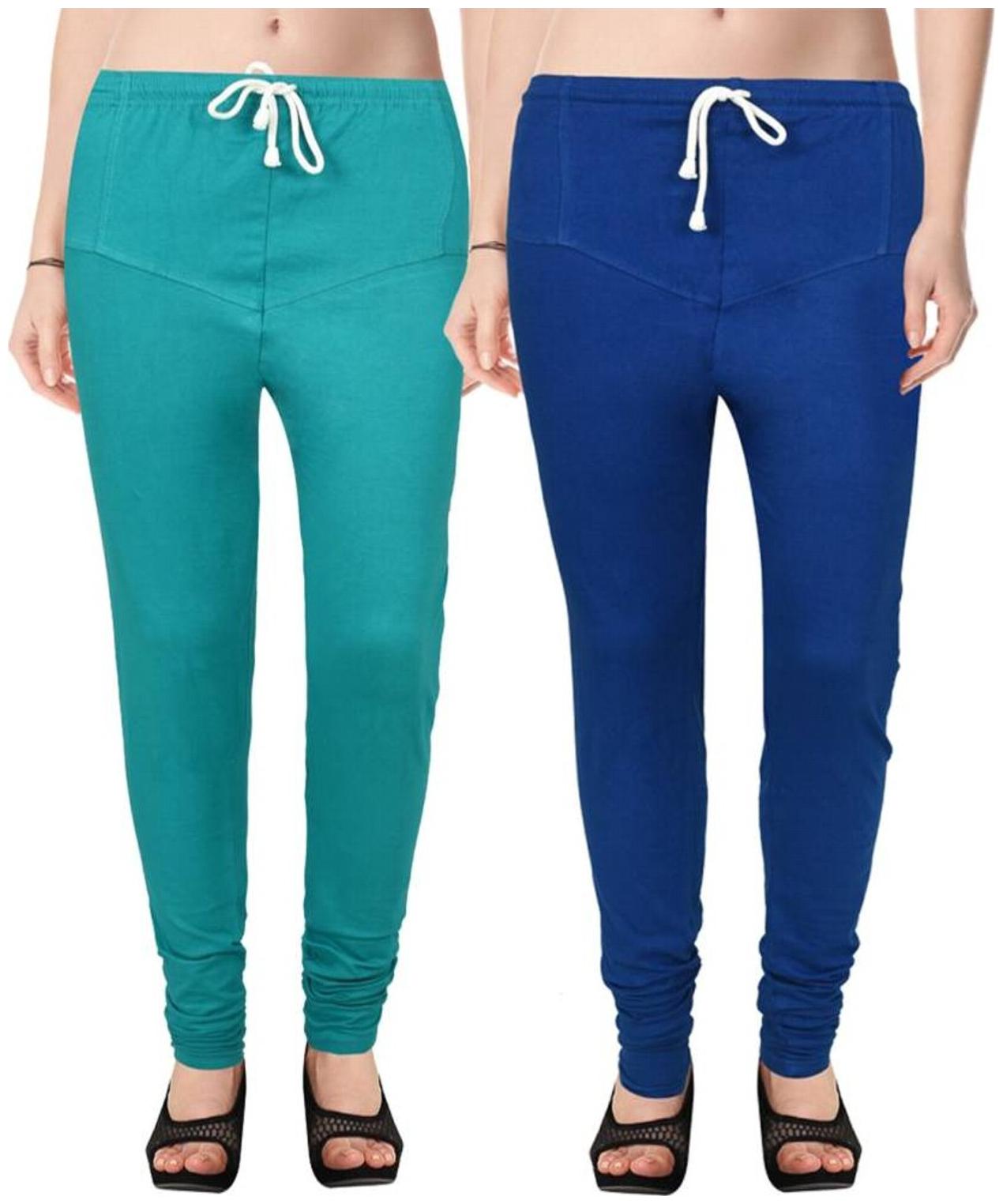 

Evection Premium V-Cut Cotton Lycra Leggings Pack of 2 -Sea Green And Blue