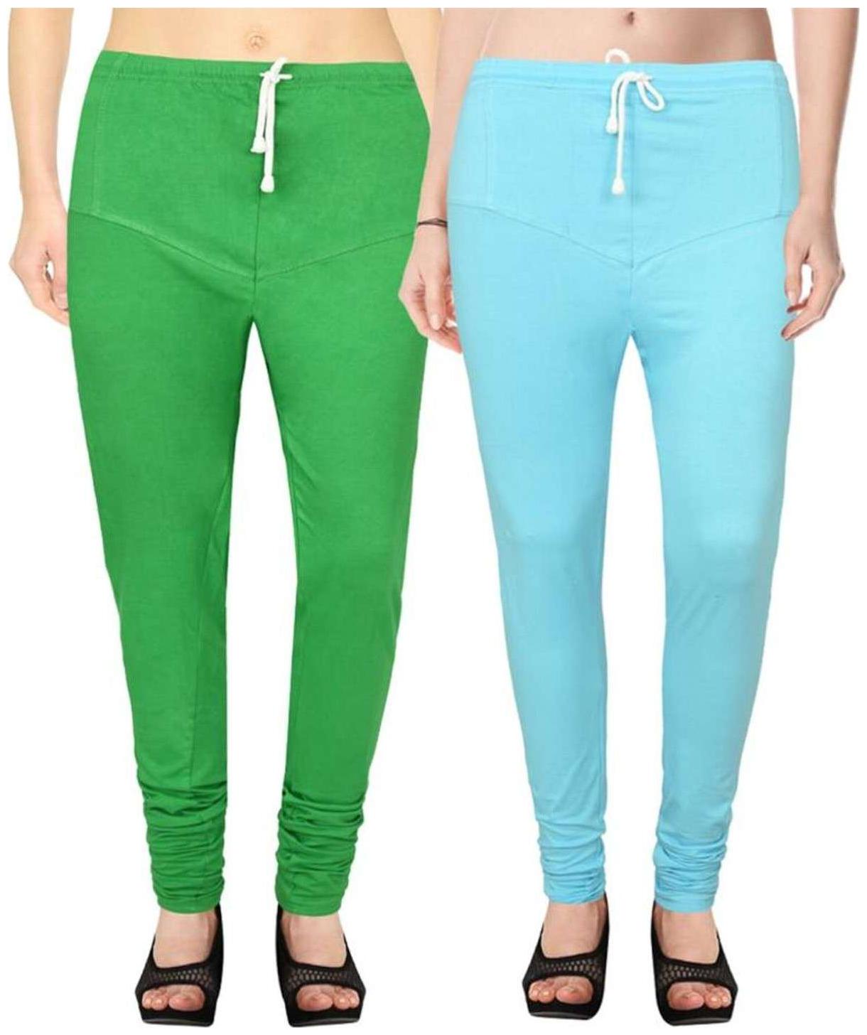 

Evection Premium V-Cut Cotton Lycra Leggings Pack of 2 -Green And Sky Blue