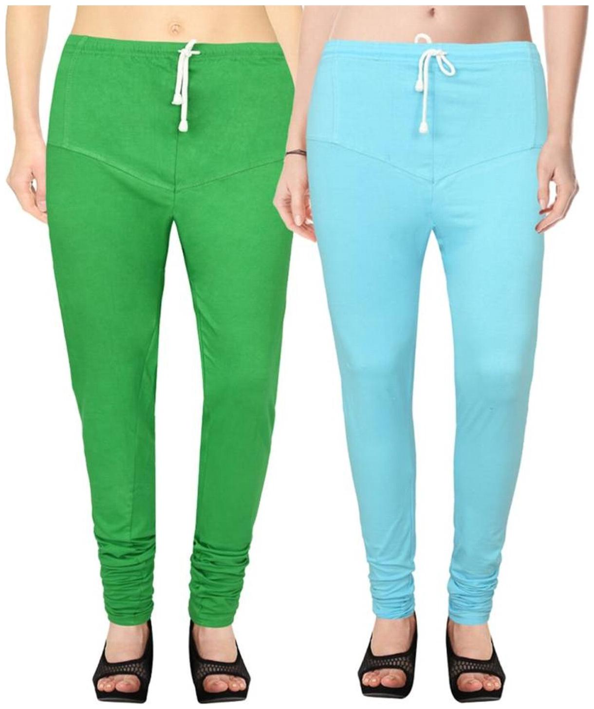 

Evection Premium V-Cut Cotton Lycra Leggings Pack of 2 -Green And Sky Blue