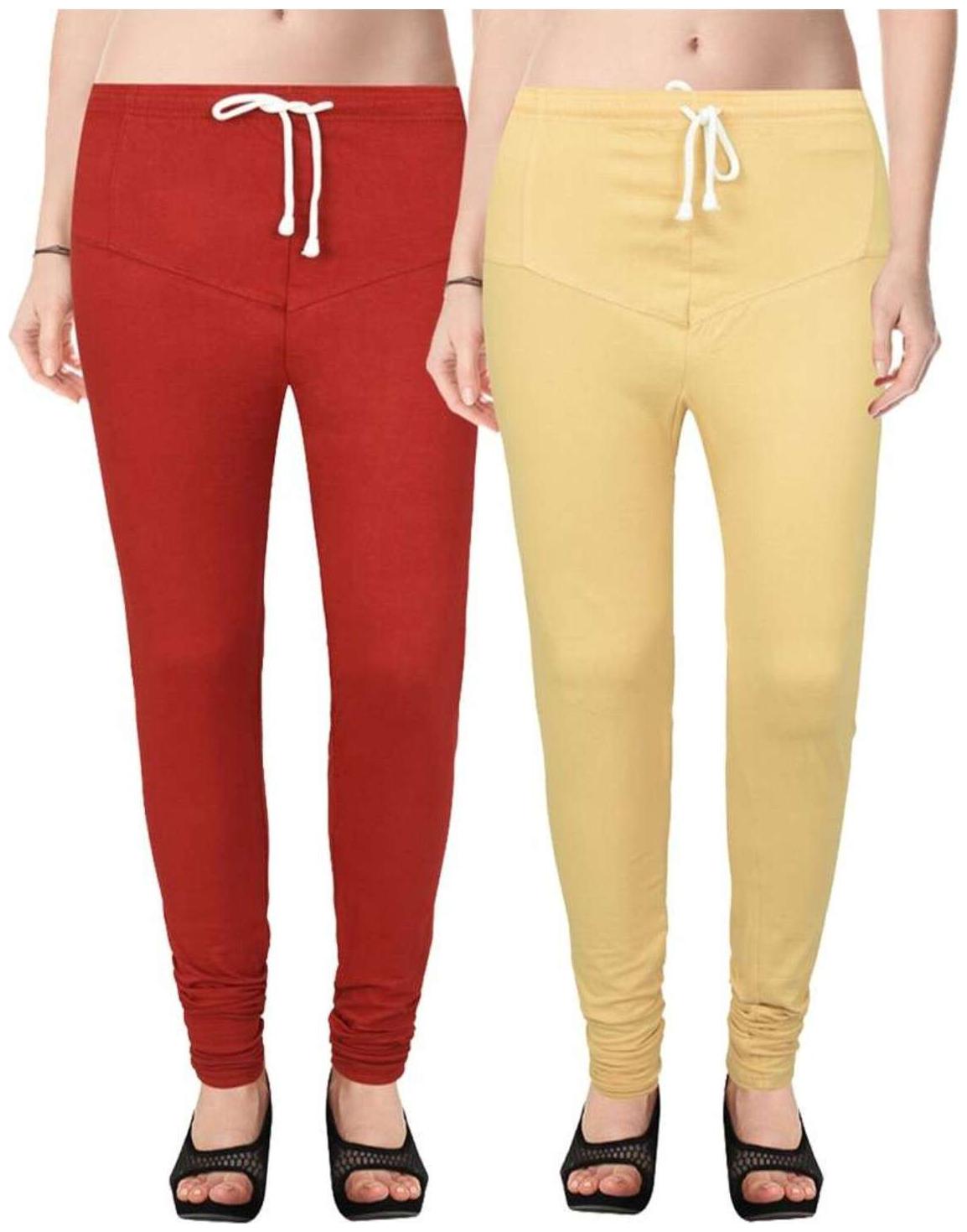 

Evection Premium V-Cut Cotton Lycra Leggings Pack of 2 -Beige And Red