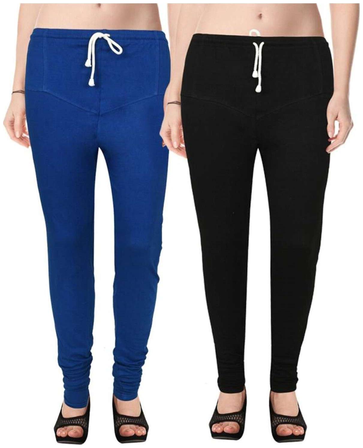 

Evection Premium V-Cut Cotton Lycra Leggings Pack of 2 -Black And Blue