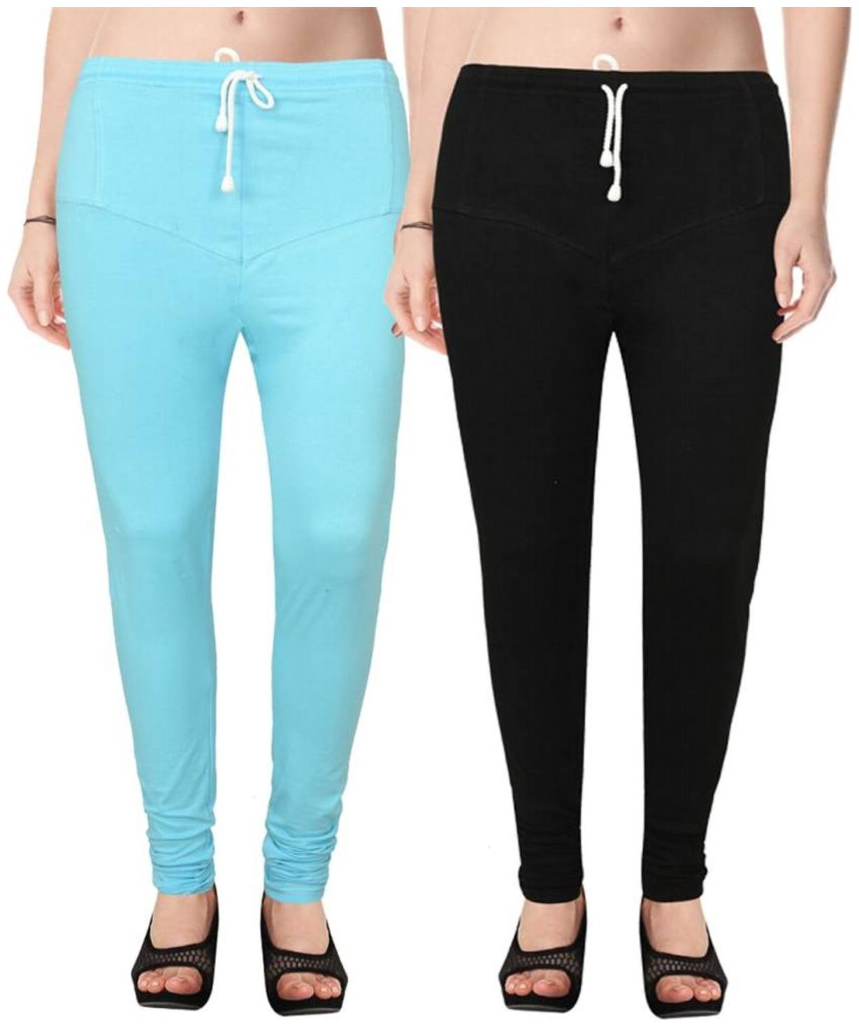 

Evection Premium V-Cut Cotton Lycra Leggings Pack of 2 -Black And Sky Blue