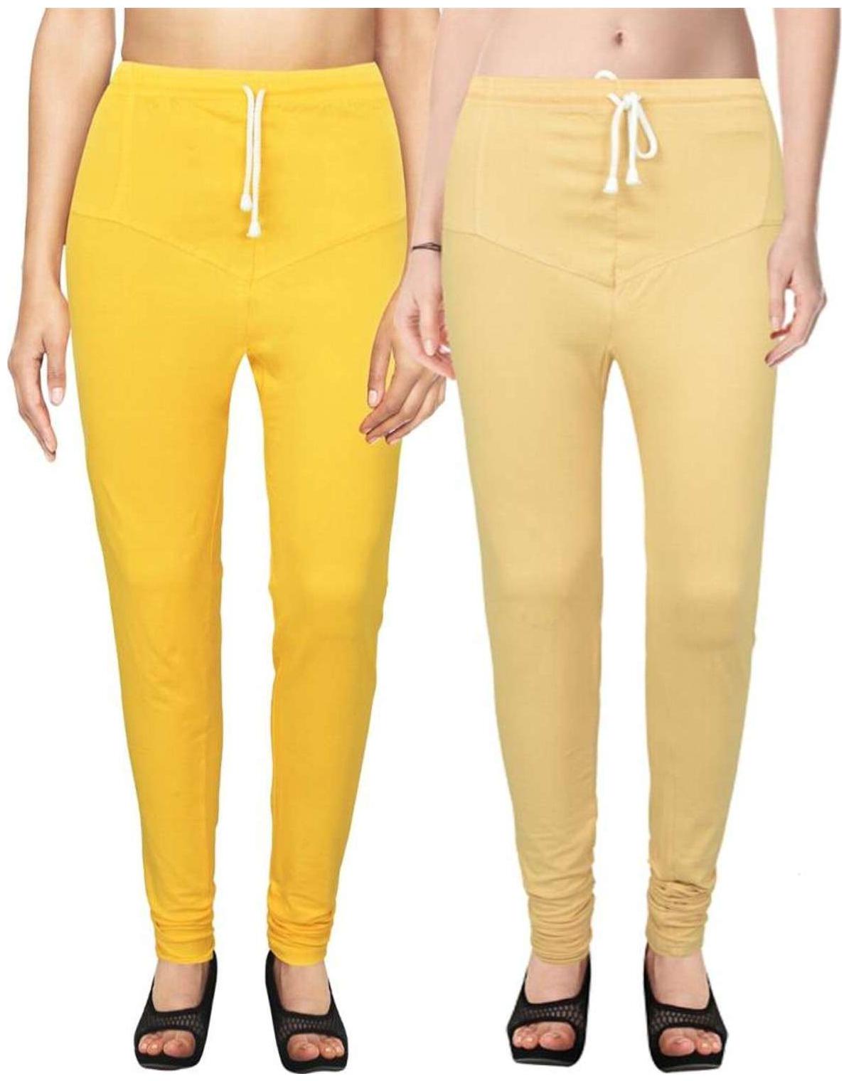 

Evection Premium V-Cut Cotton Lycra Leggings Pack of 2 -Beige And Yellow