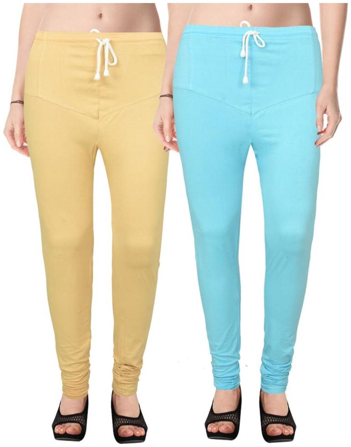

Evection Premium V-Cut Cotton Lycra Leggings Pack of 2 -Beige And Sky Blue