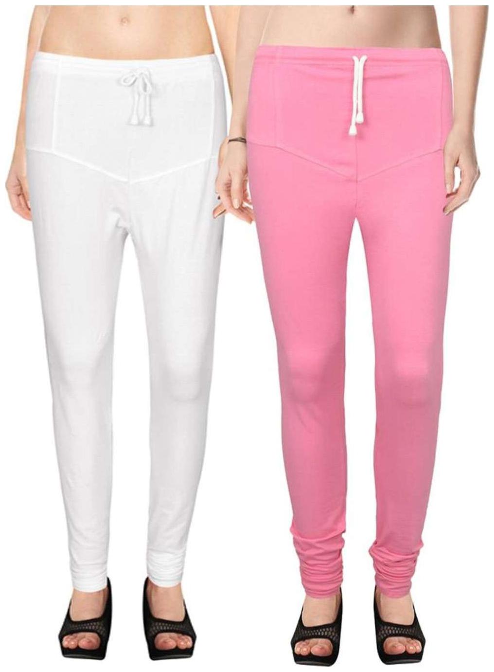 

Evection Premium V-Cut Cotton Lycra Leggings Pack of 2 -White And Baby Pink