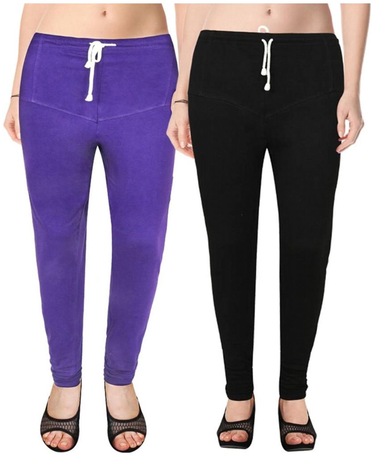 

Evection Premium V-Cut Cotton Lycra Leggings Pack of 2 -Black And Purple