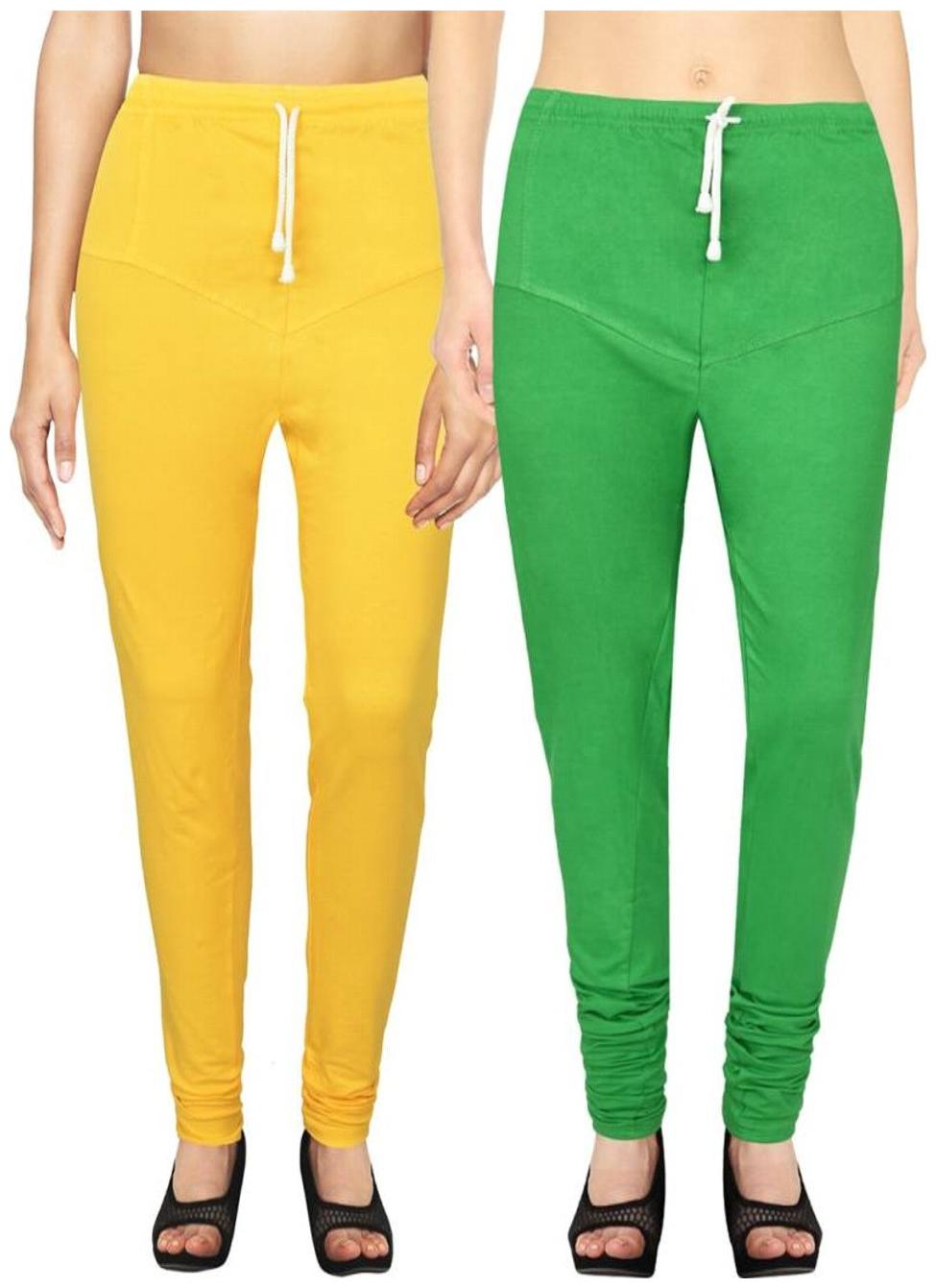 

Evection Premium V-Cut Cotton Lycra Leggings Pack of 2 -Green And Yellow