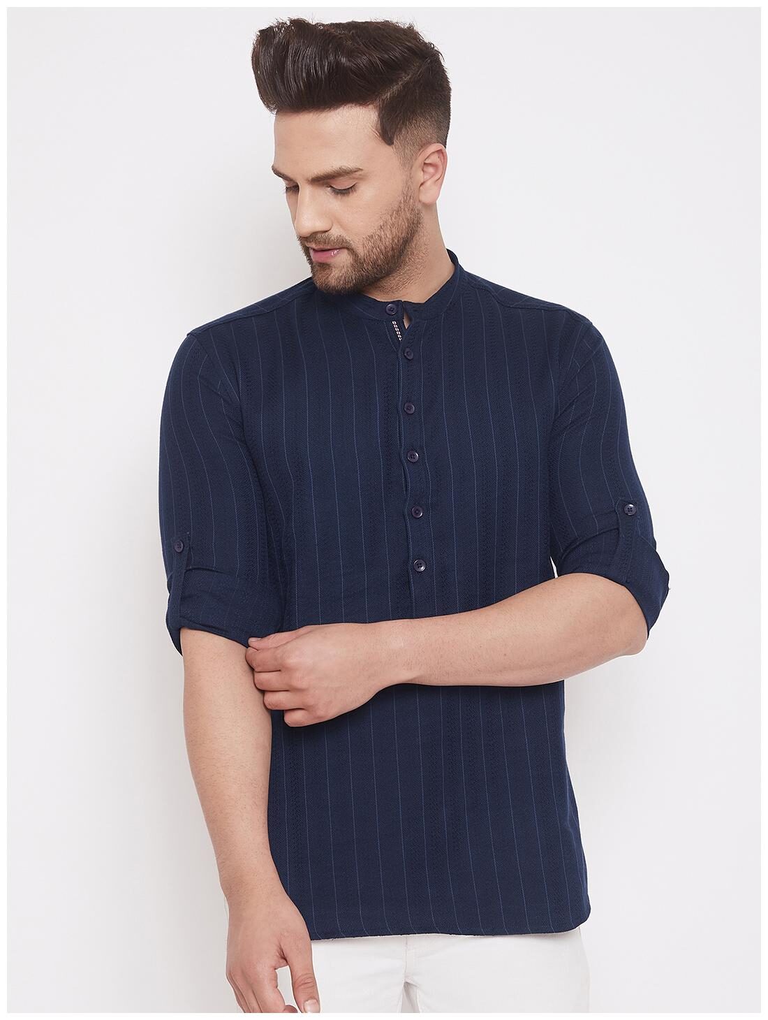 

Even Men Navy Blue Cotton Striped Kurta