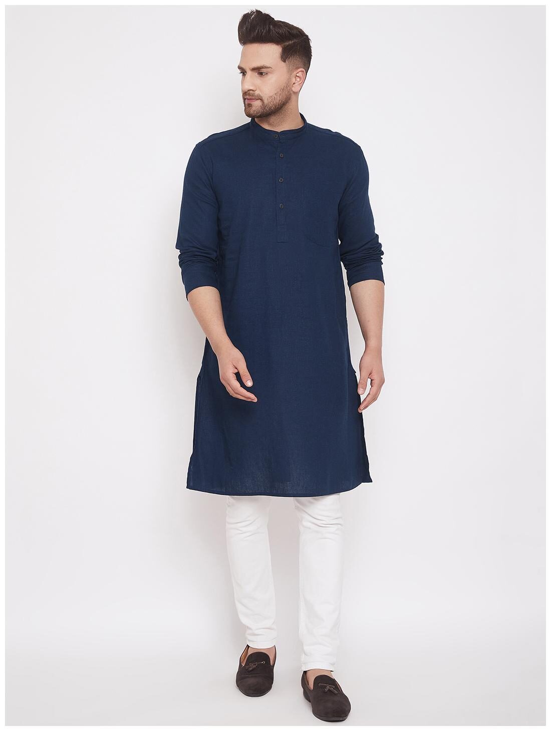

Even Men Navy Blue Linen Solid Kurta