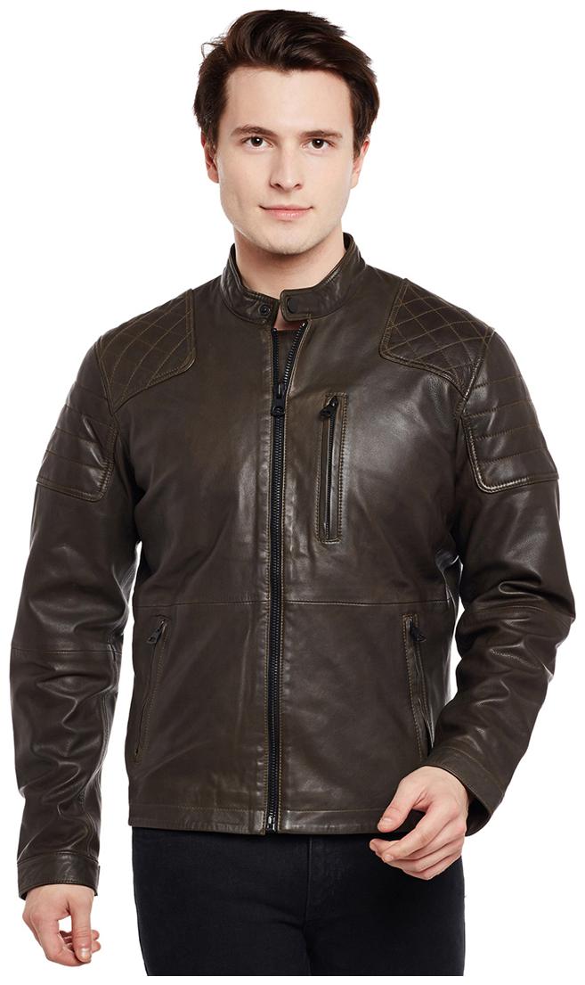 

Justanned Men Grey Solid Biker jacket