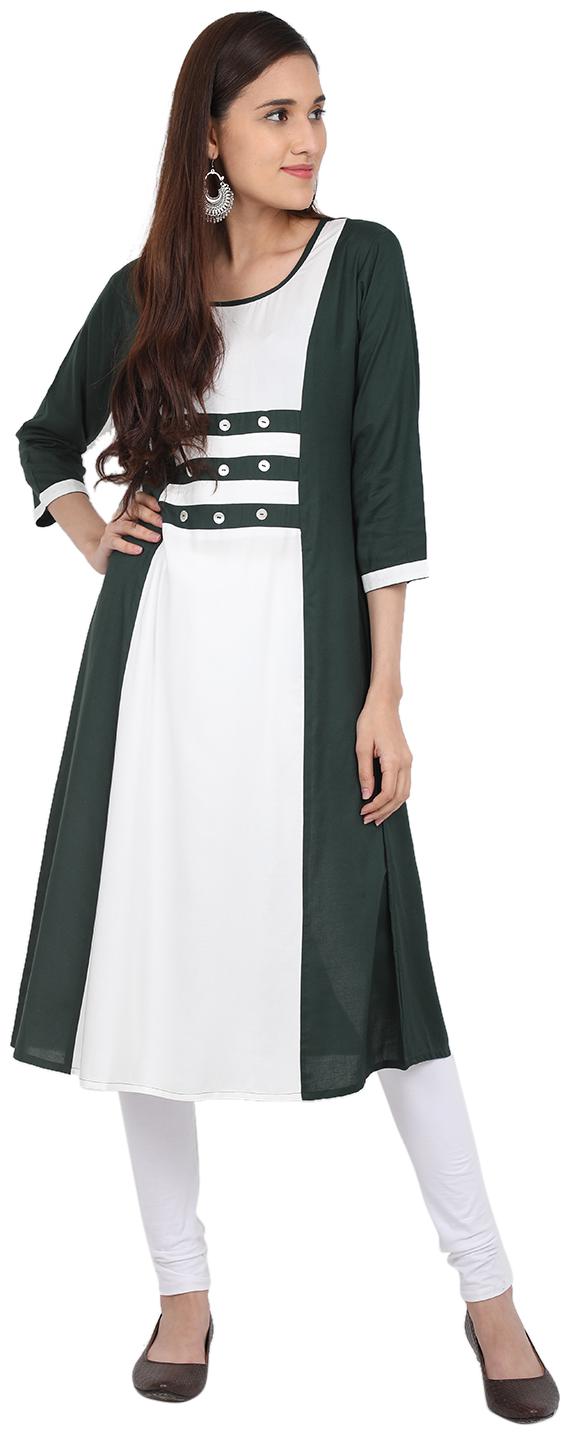 

Exxelo Women Viscose Rayon Colorblocked Green White Kurti
