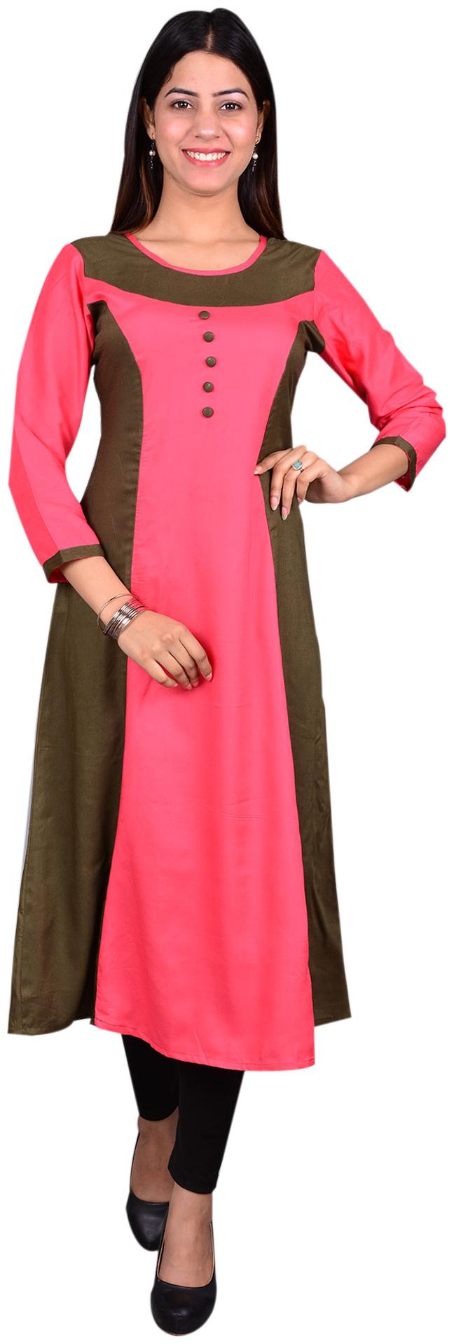 

Exxelo Women Viscose Rayon Colorblocked Pink Brown Kurti