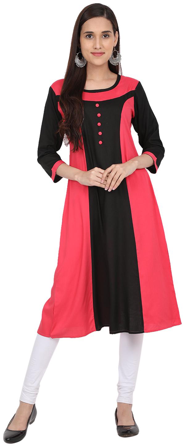 

Exxelo Women Viscose Rayon Colorblocked Pink Black Kurti