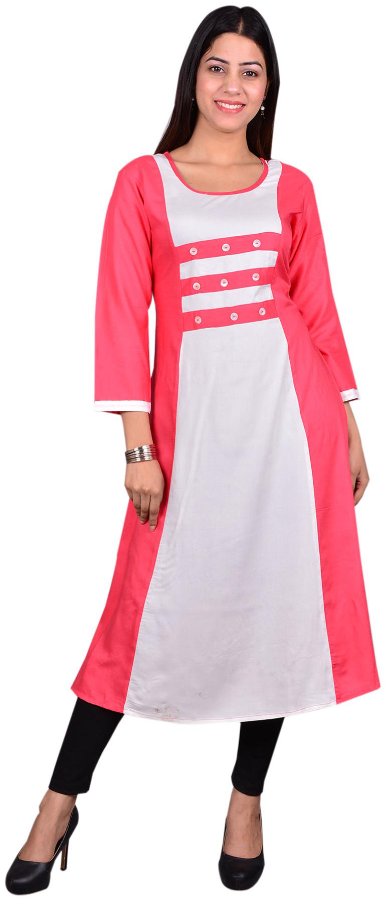 

Exxelo Women Viscose Rayon Colorblocked Pink White Kurti