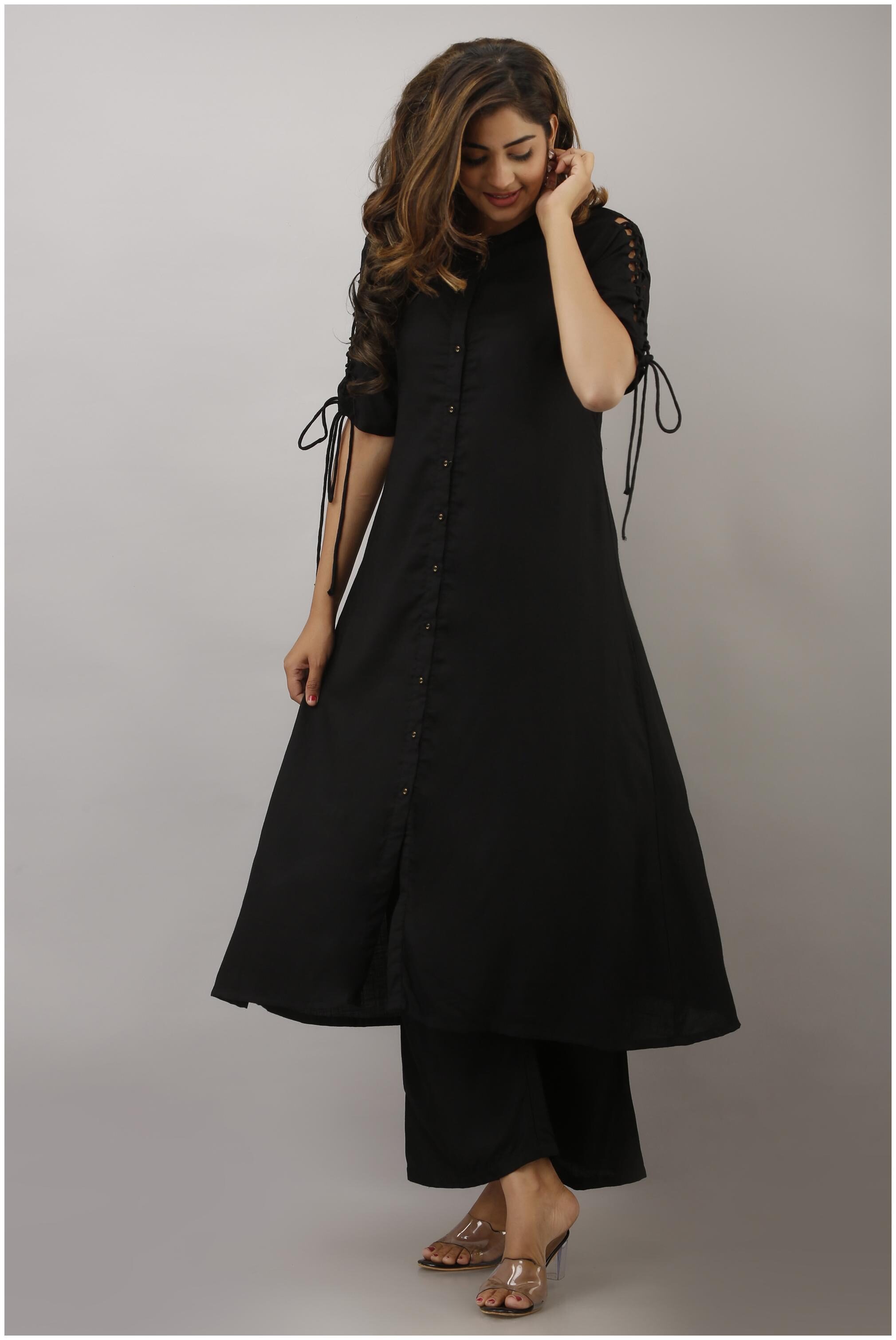

Eyka Black A-Line Kurta With Sleeve Details And Palazzo