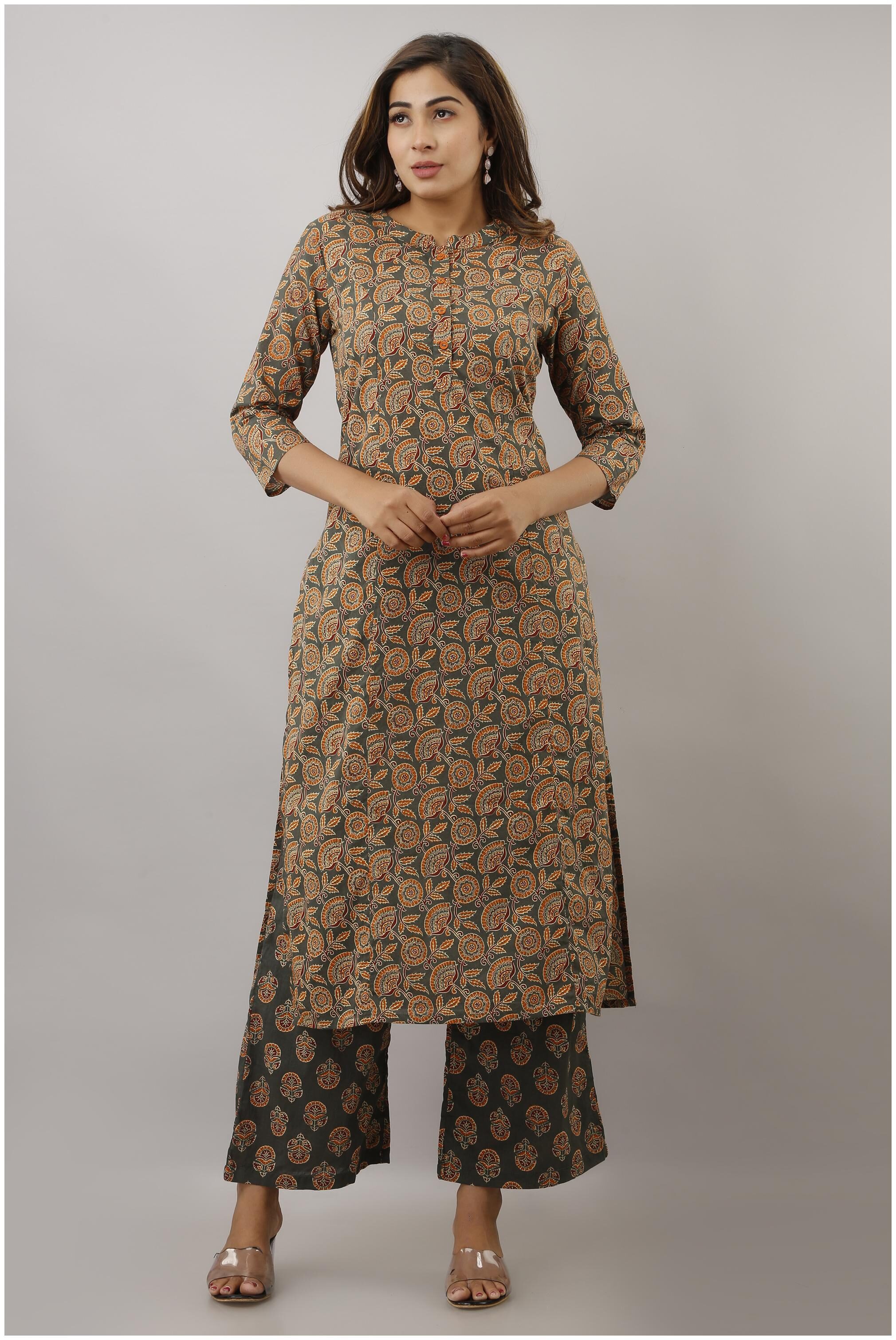 

EYKA Women Grey Floral Straight Kurta With Palazzo