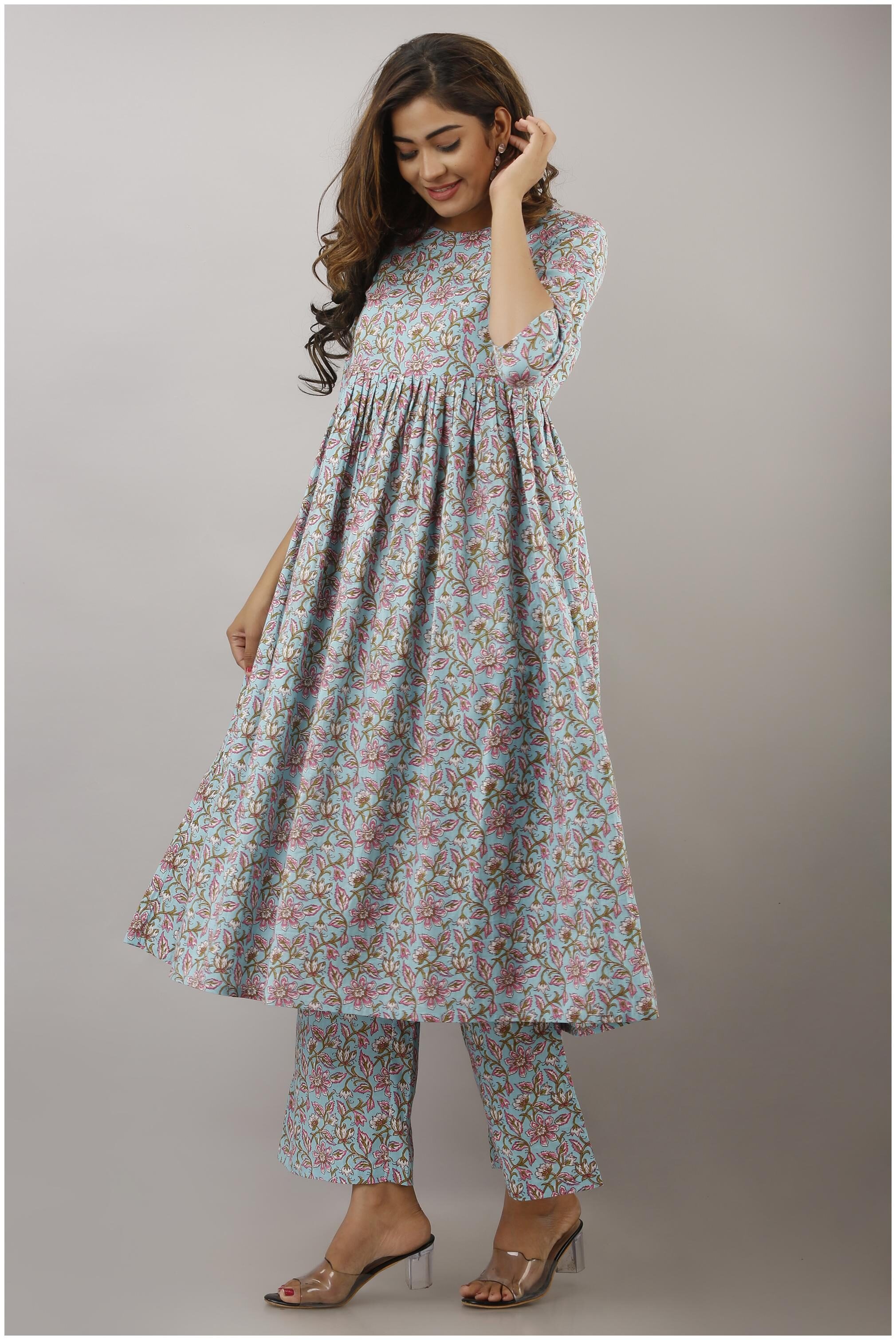 

EYKA Women Blue Floral Anarkali Kurta With Palazzo