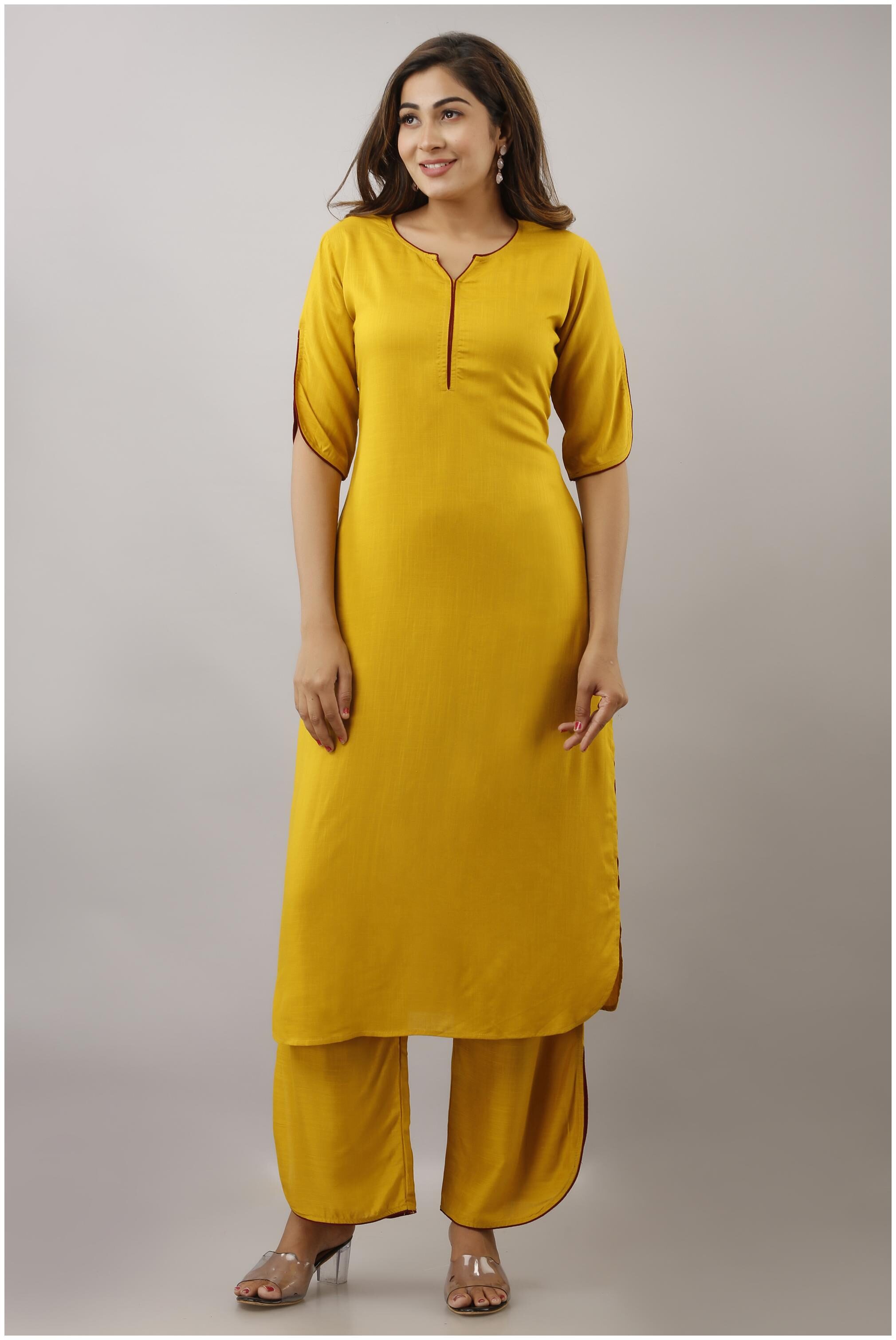 

EYKA Women Mustard Solid Straight Kurta With Palazzo