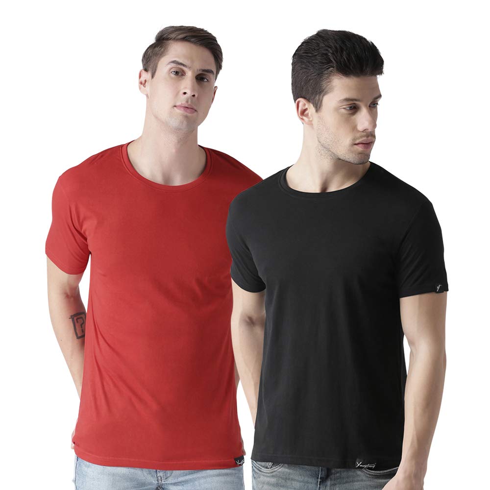 

eysom Men Black Red Regular fit Cotton Round neck T-Shirt - Pack Of 2