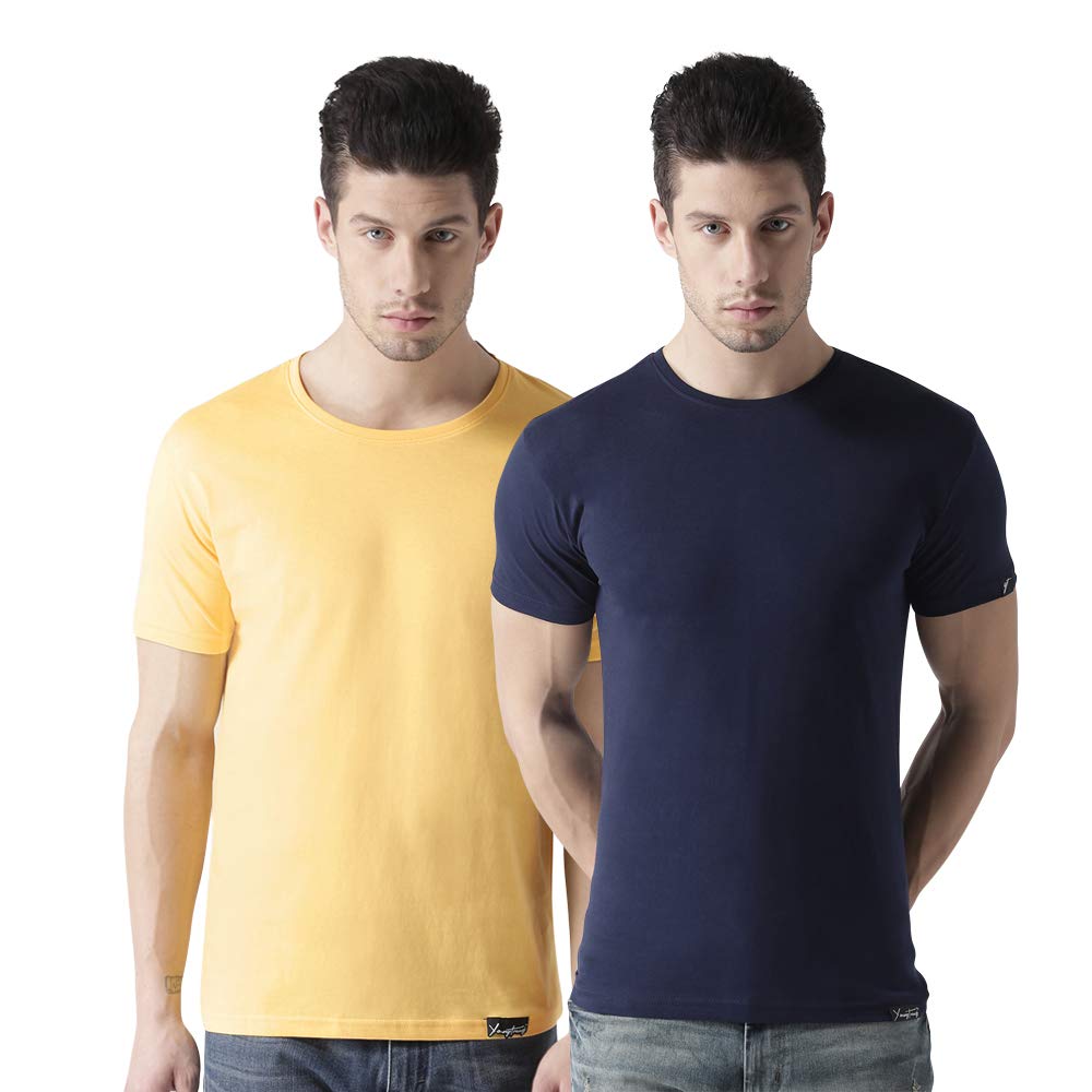 

eysom Men Blue Yellow Regular fit Cotton Round neck T-Shirt - Pack Of 2