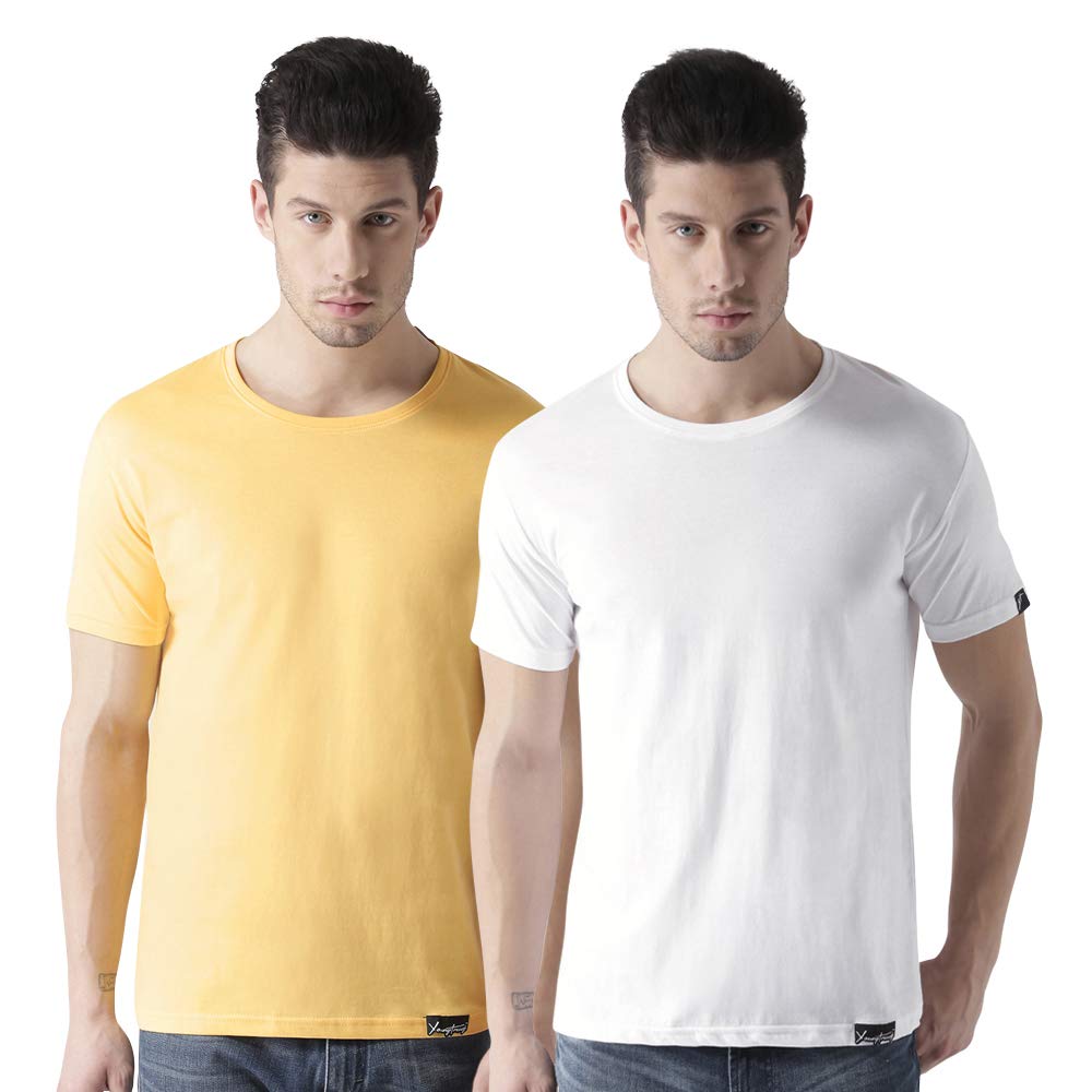 

eysom Men Yellow White Regular fit Cotton Round neck T-Shirt - Pack Of 2