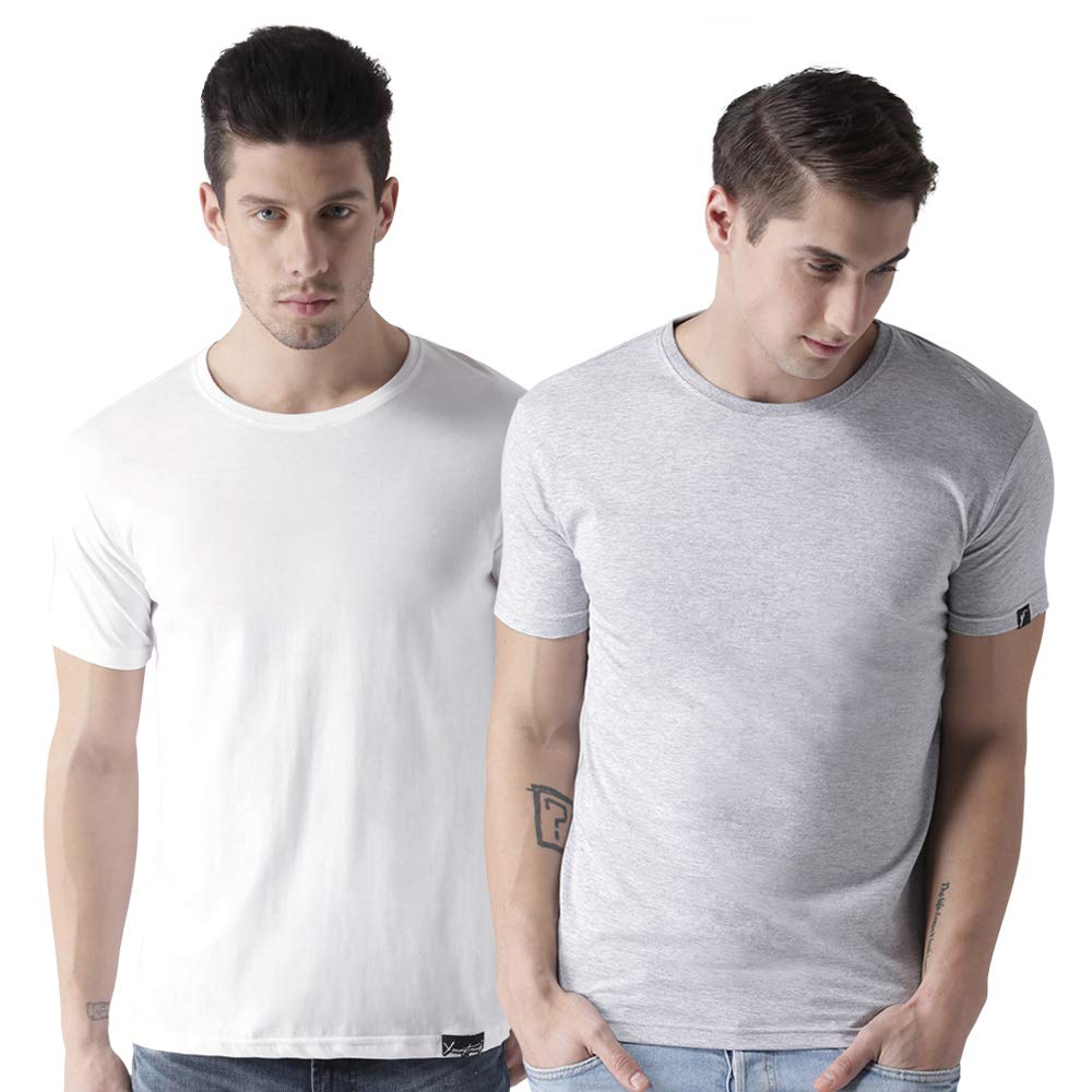 

eysom Men Grey White Regular fit Cotton Round neck T-Shirt - Pack Of 2