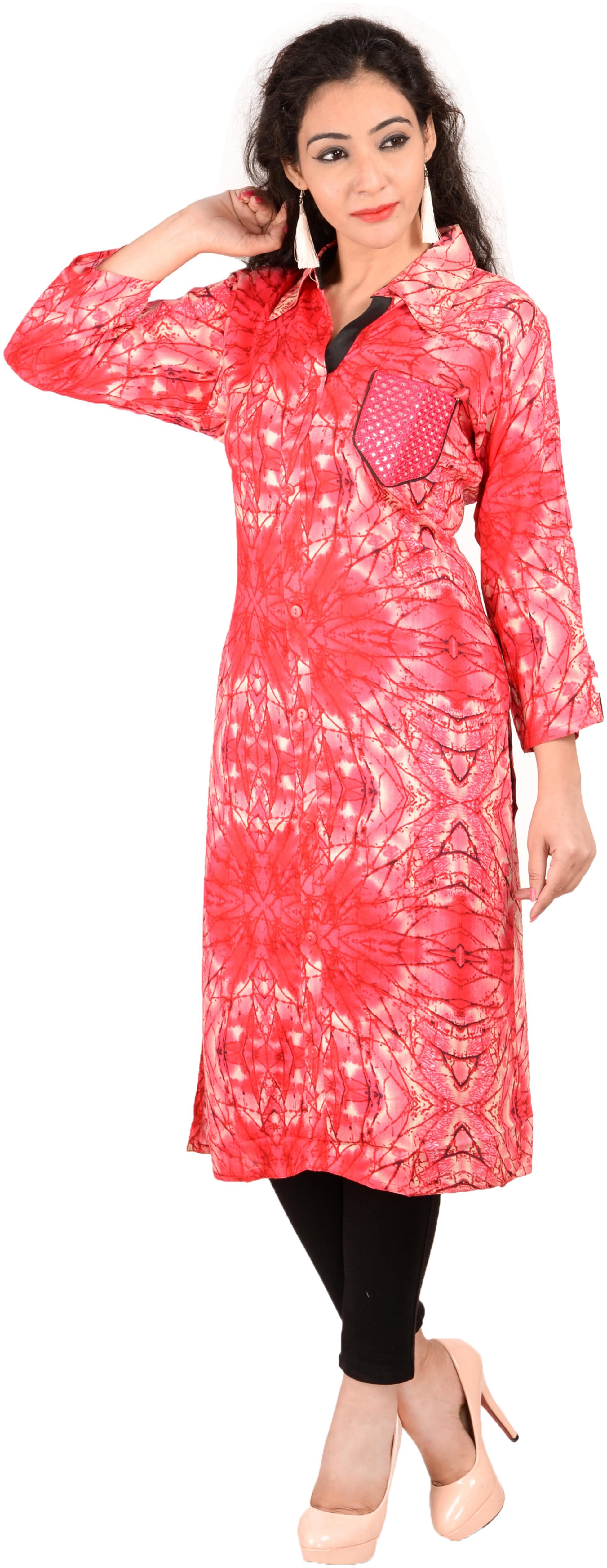 

Fab Attire Cotton Kurta Red Anarkali Mirror Work L Party Wear Kurti