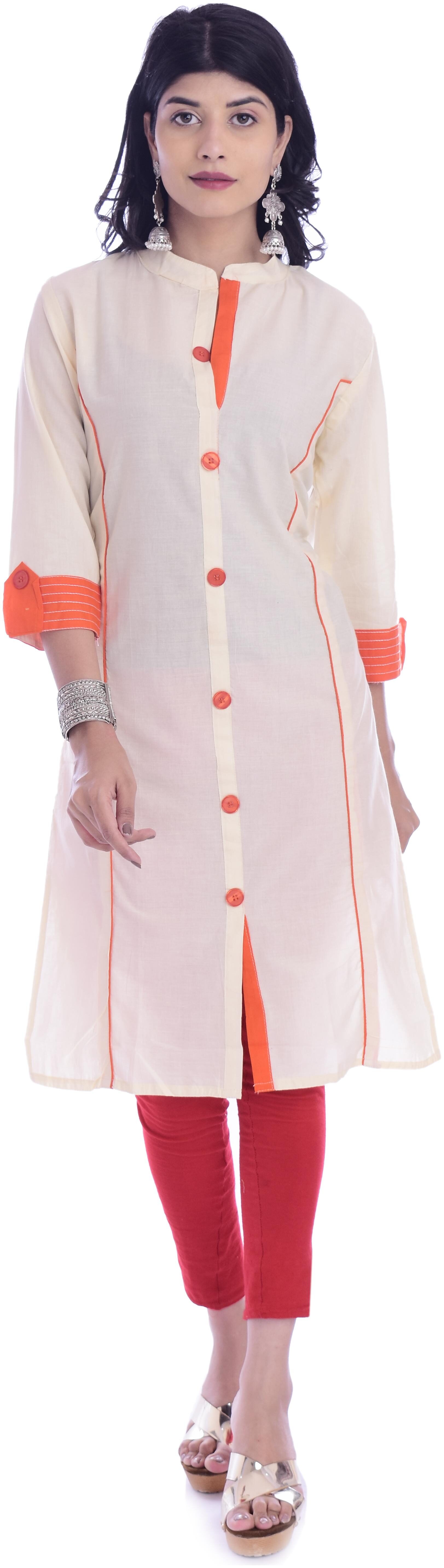 

Fab Attire Women Off White Orange Solid Straight Kurta