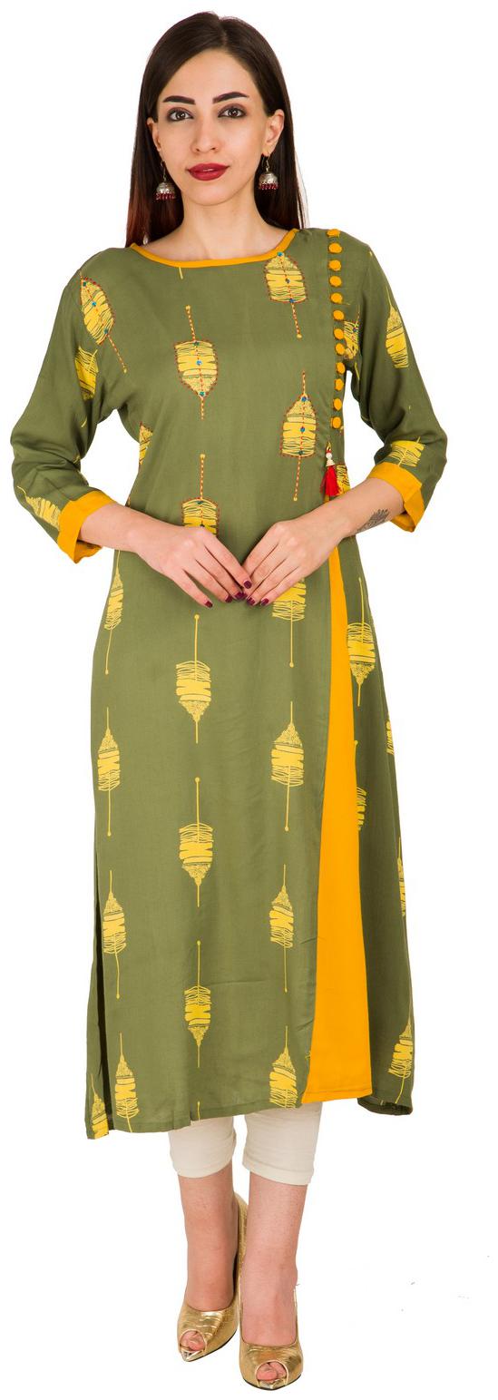 

Fab Attire Rayon Kurta Yellow Anarkali Patchwork M Party Wear Kurti