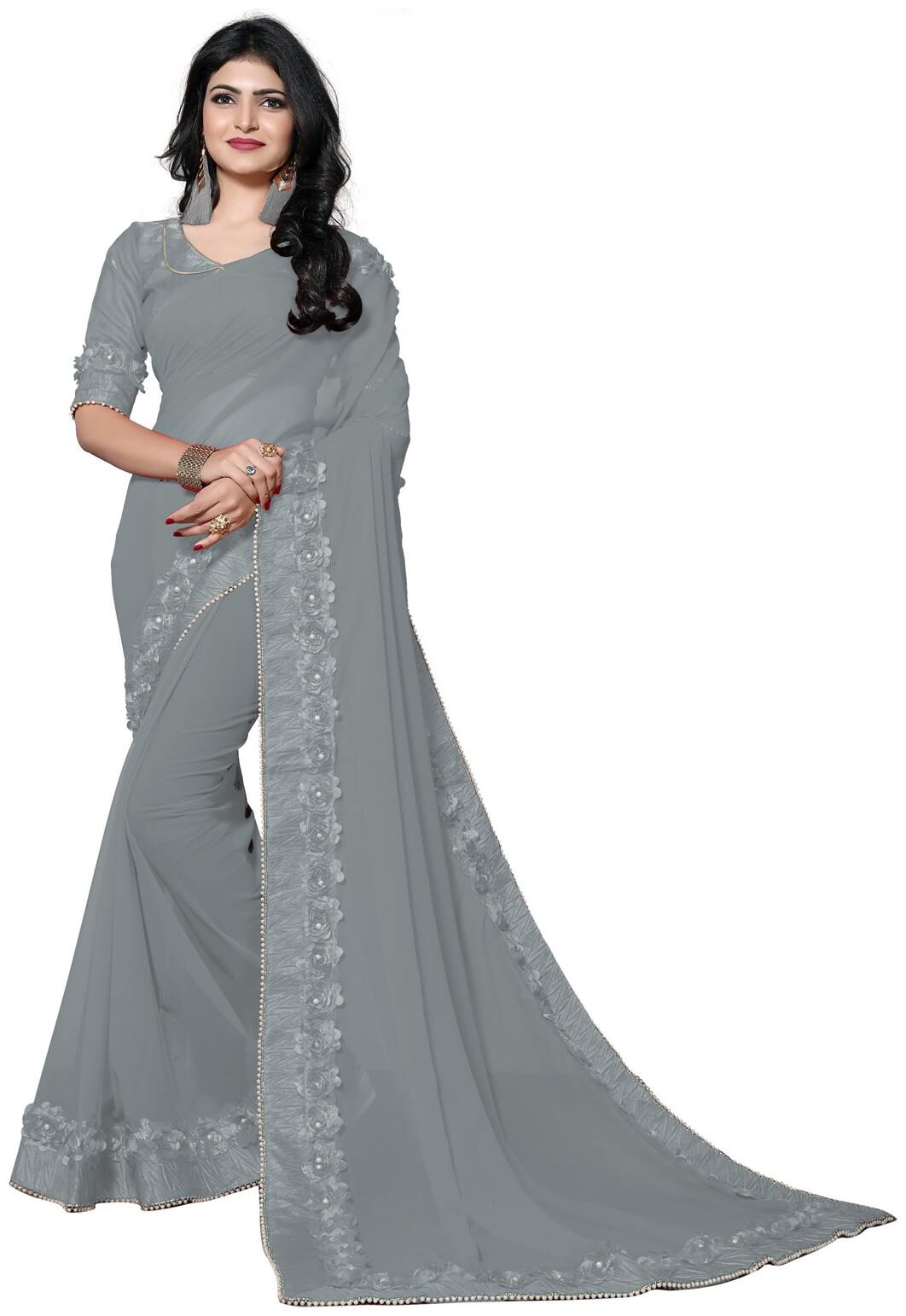 

Fab Dadu Designer Ribbin Gotta Patti Embroidered Grey Georgette Saree