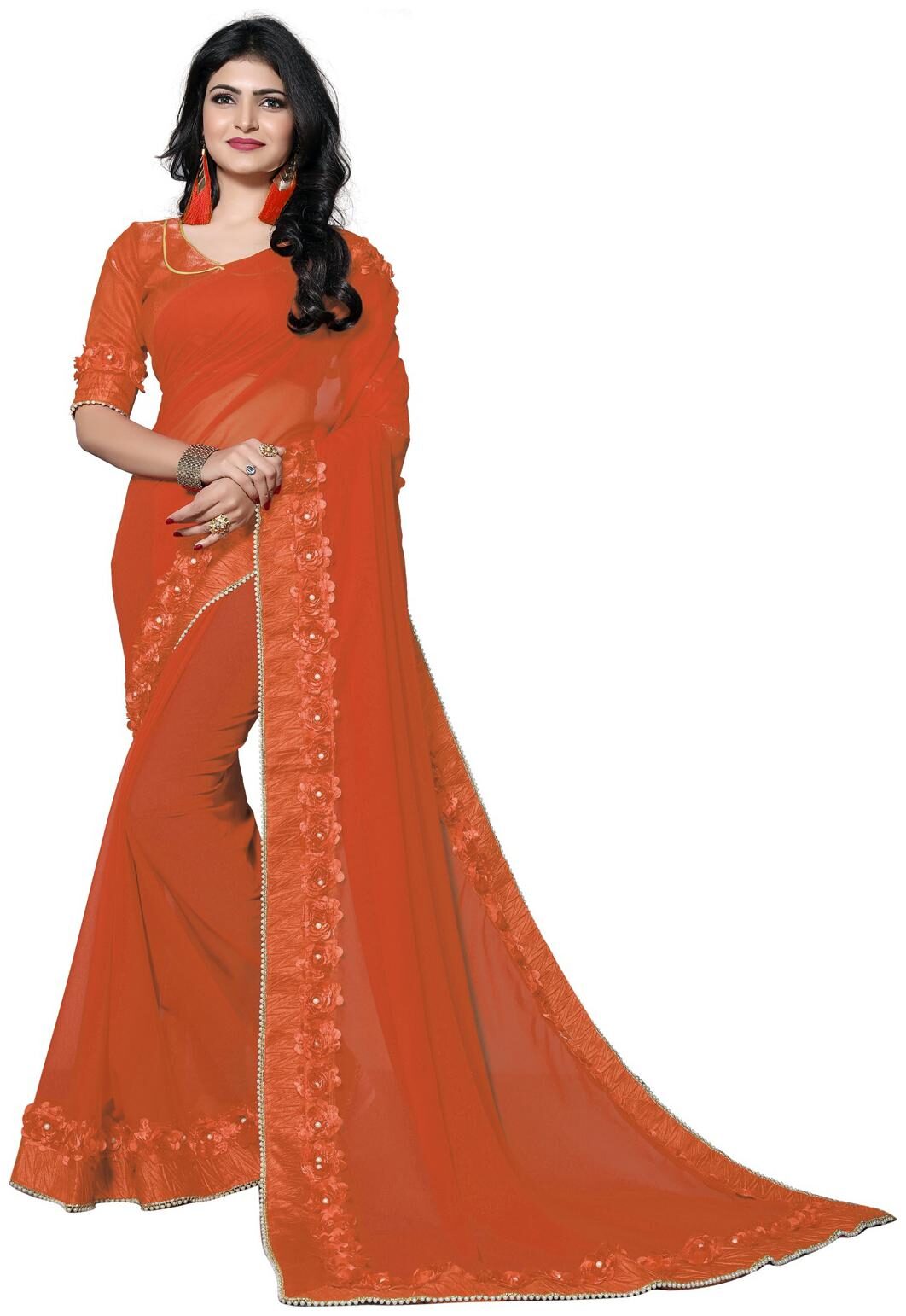 

Fab Dadu Designer Ribbin Gotta Patti Embroidered Orange Georgette Saree