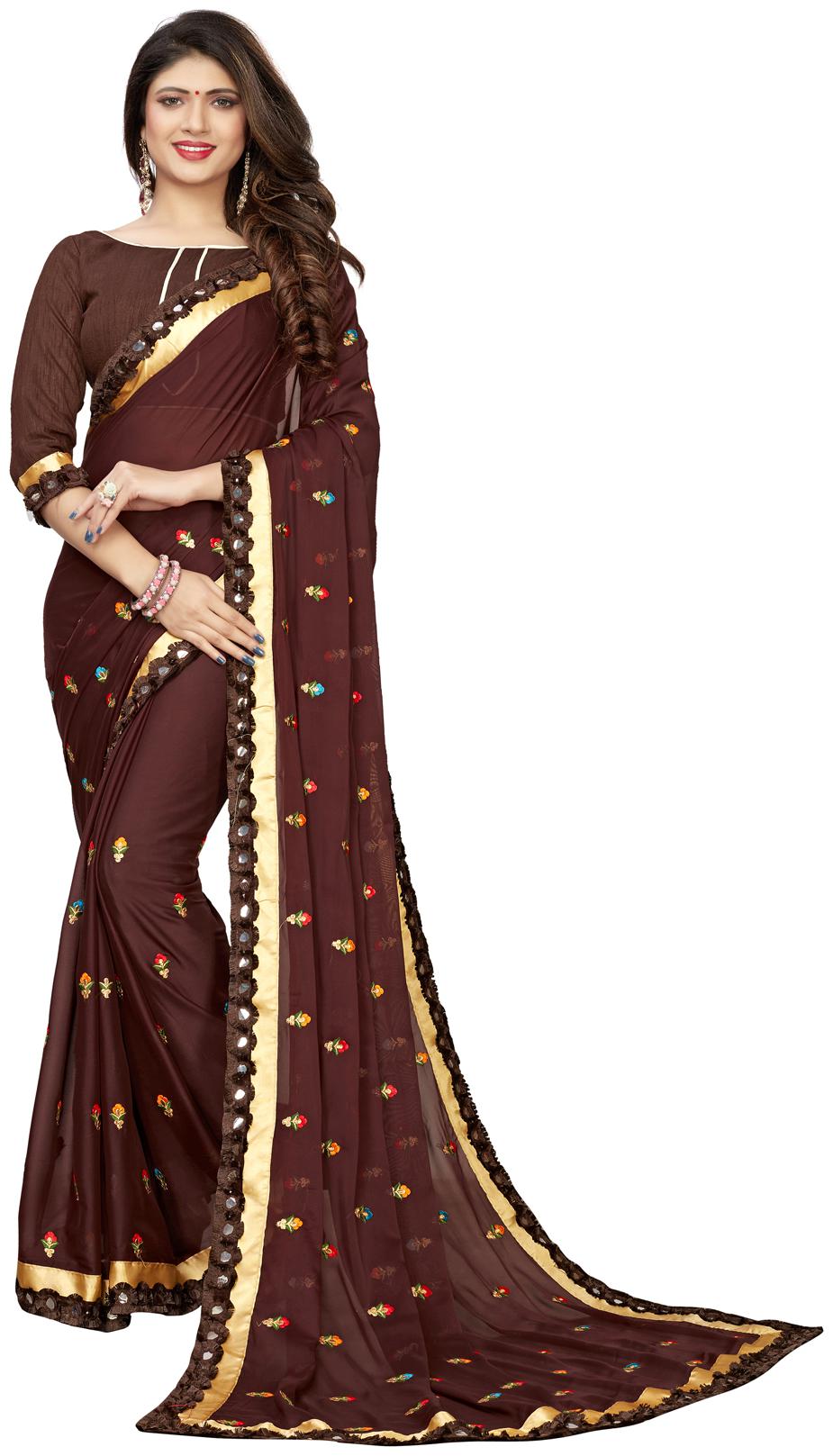 

Fab Dadu Designer Embroidered With mirror lace Brown Silk Saree