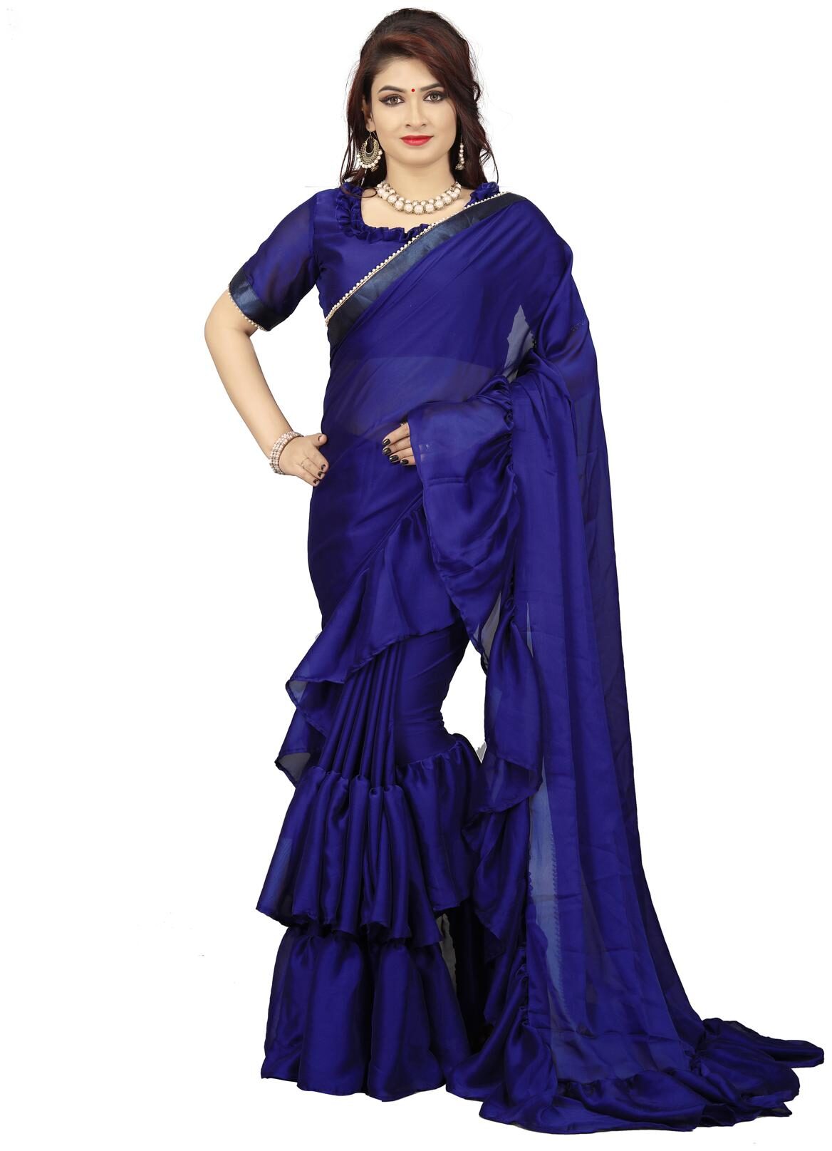 

Fab Dadu Designer Ruffle Blue Silk Saree