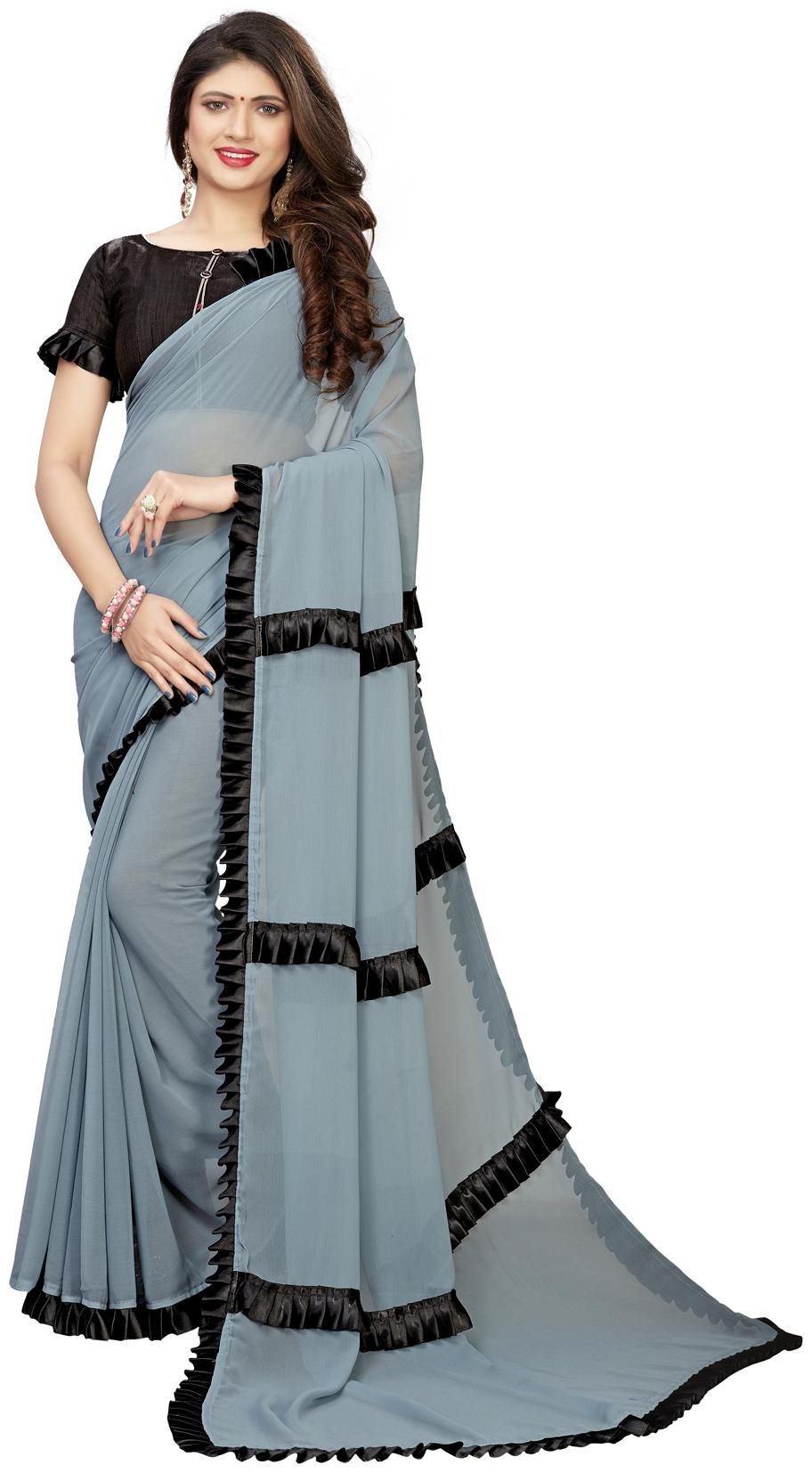 

Fab Dadu Designer Plain With lace Grey Georgette Saree