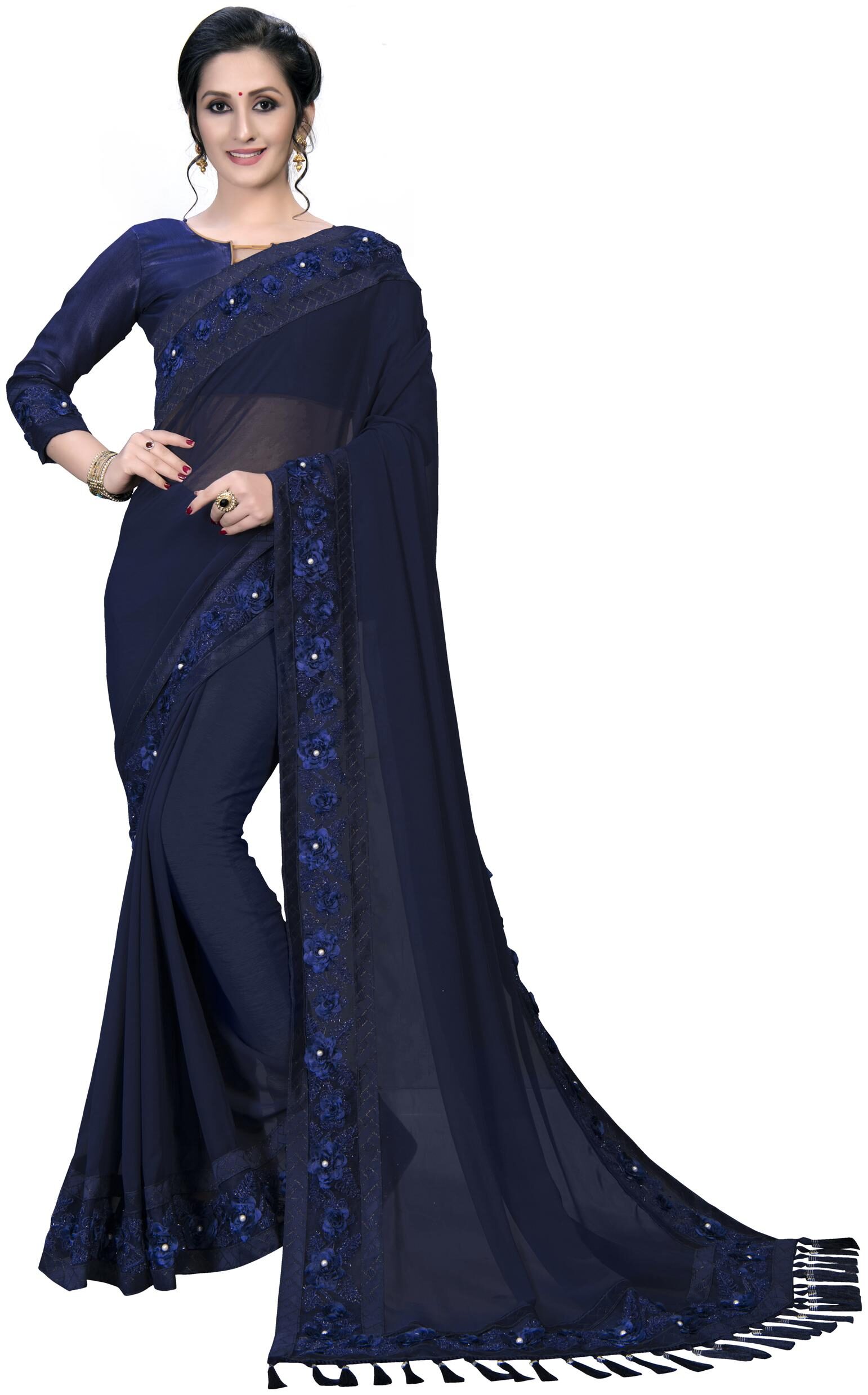 

FAB DADU WomenGeorgette Universal Blue Saree With Blouse
